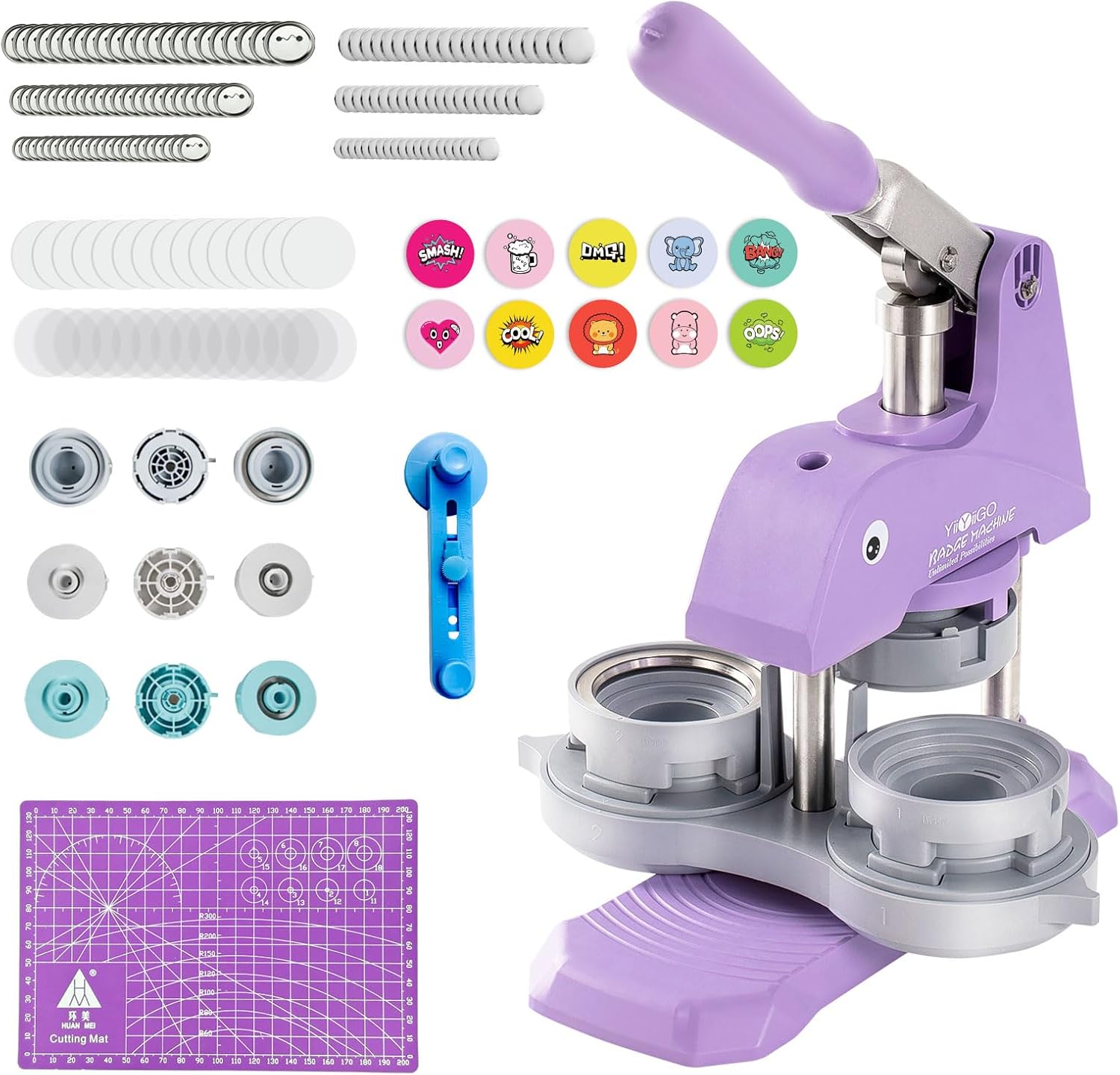 Button Maker Machine Multiple Sizes, 1+1.25+2.25 inch Installation-Free Pin Maker Machine, Ideal Pin Press for Kids DIY with Free 300 Sets 25+32+58mm Button Making Supplies(Purple)