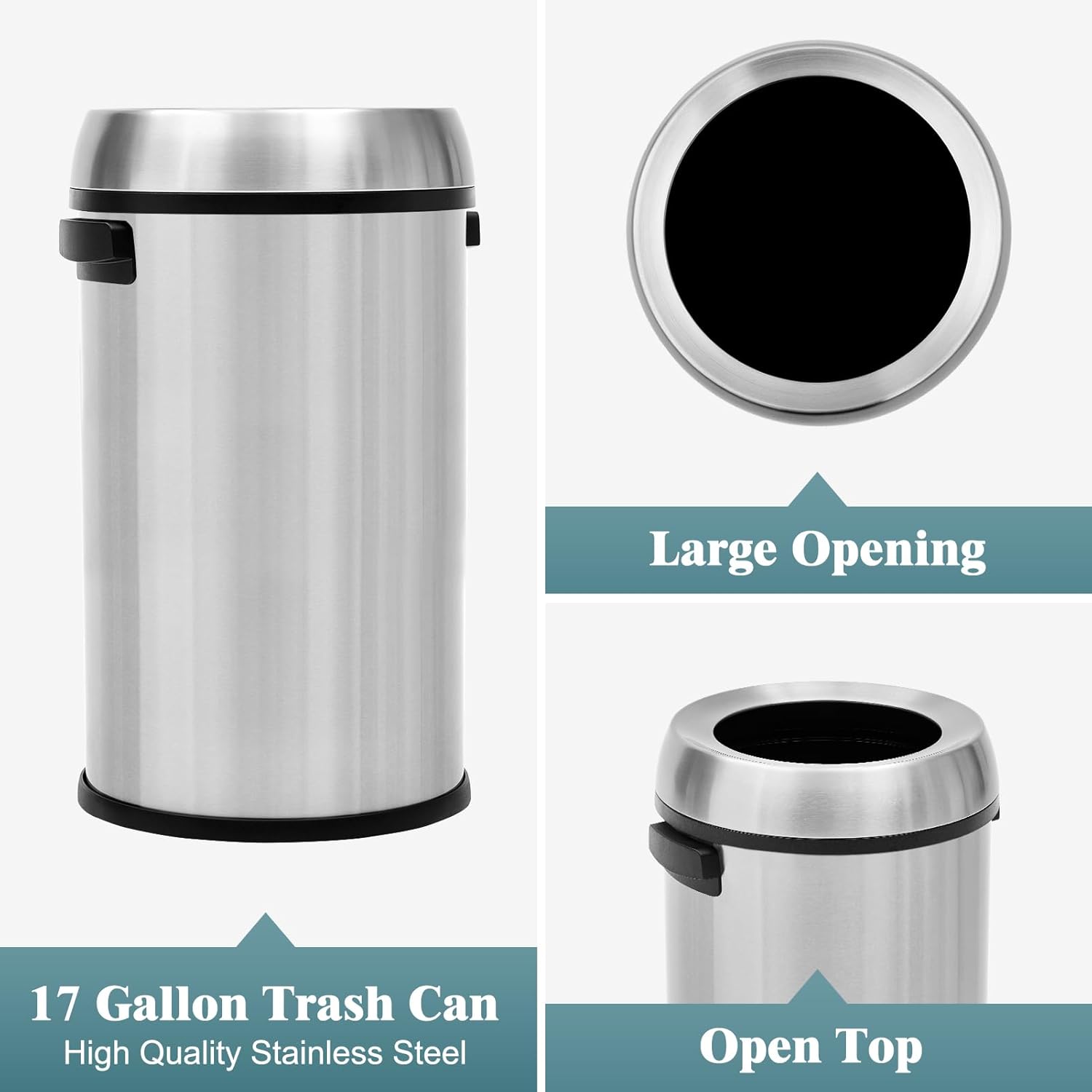 GAOMON 65L/17Gal Open Top Heavy Duty Stainless Steel Outdoor Trash Can, Large Kitchen Round Can