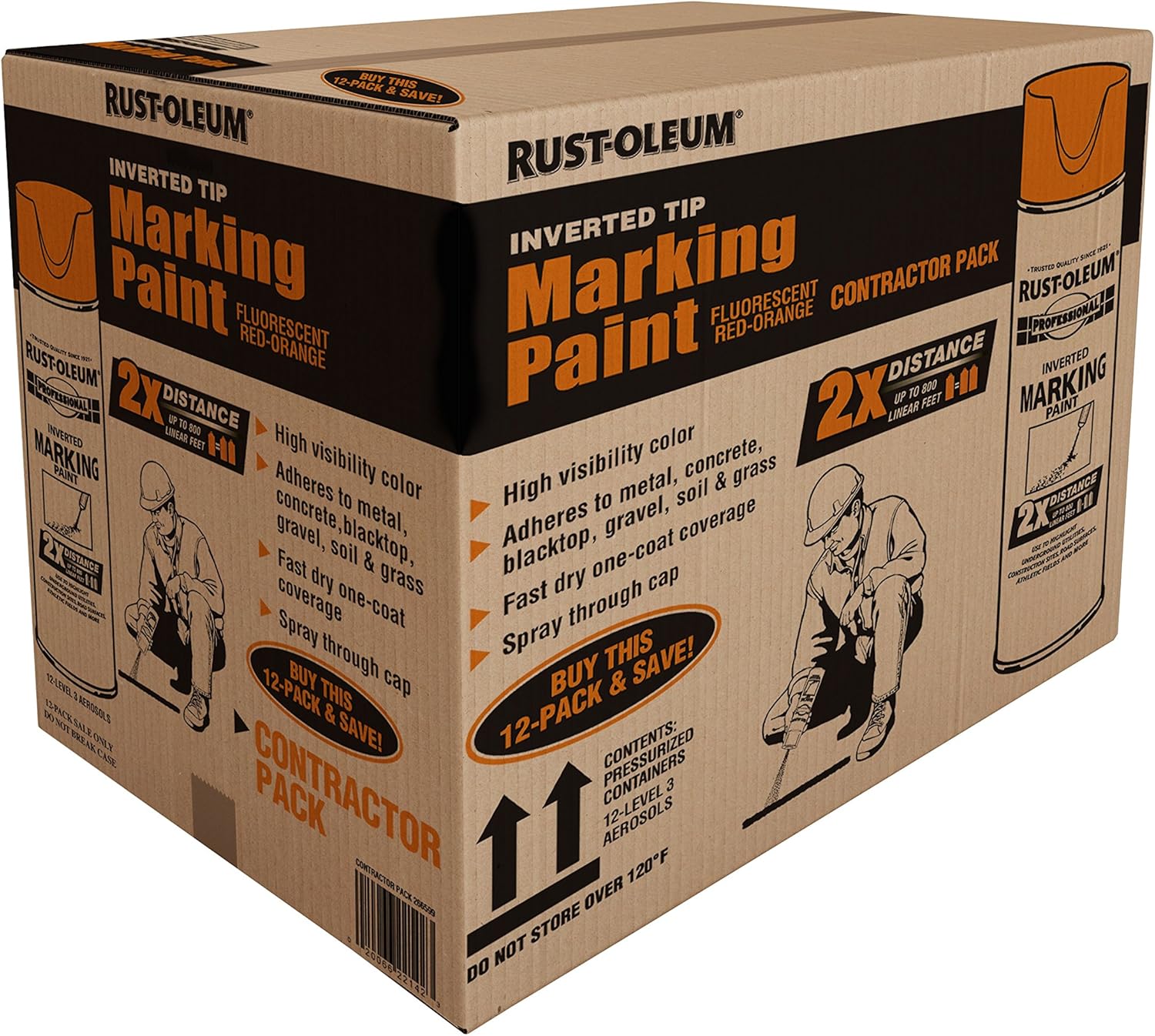 Rust-Oleum 266599-12PK Professional 2X Distance Inverted Marking Spray Paint, 15 oz, Fluorescent Red-Orange, 12 Pack