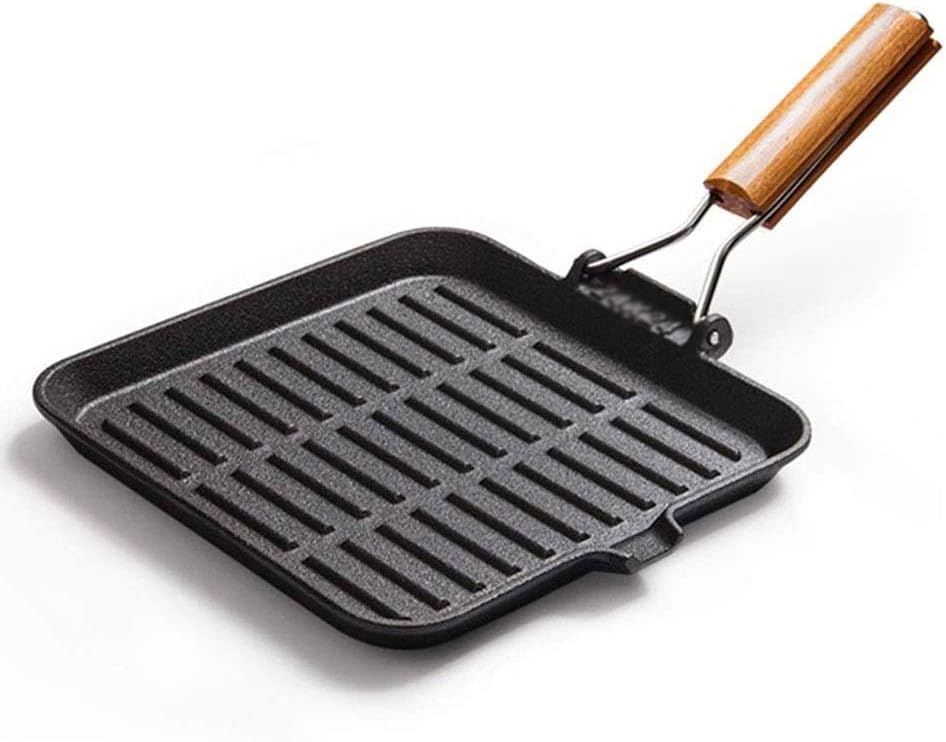 Folding Pan - Cast Iron Frying Pan, Uncoated Black Pan with Bamboo Handle Stripe Design