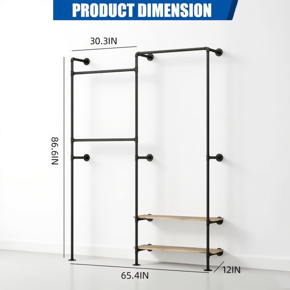 Industrial Pipe Wall-Mounted Clothing Rack with Double Hanging Rods & Shelves - Heavy Duty Storage for Wardrobe, Bedroom, Walk-In Closet (Black)