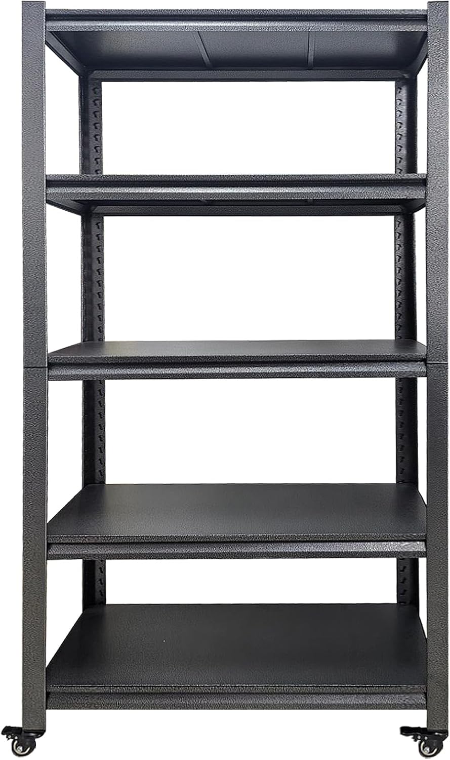 5-Tier Garage Storage Shelves,Heavy-Duty Unit with Wheels,Easy to Assemble Adjustable Metal Garage Shelving for Kitchen Warehouse Tool Room(Size:90cmX40cmX183cm)