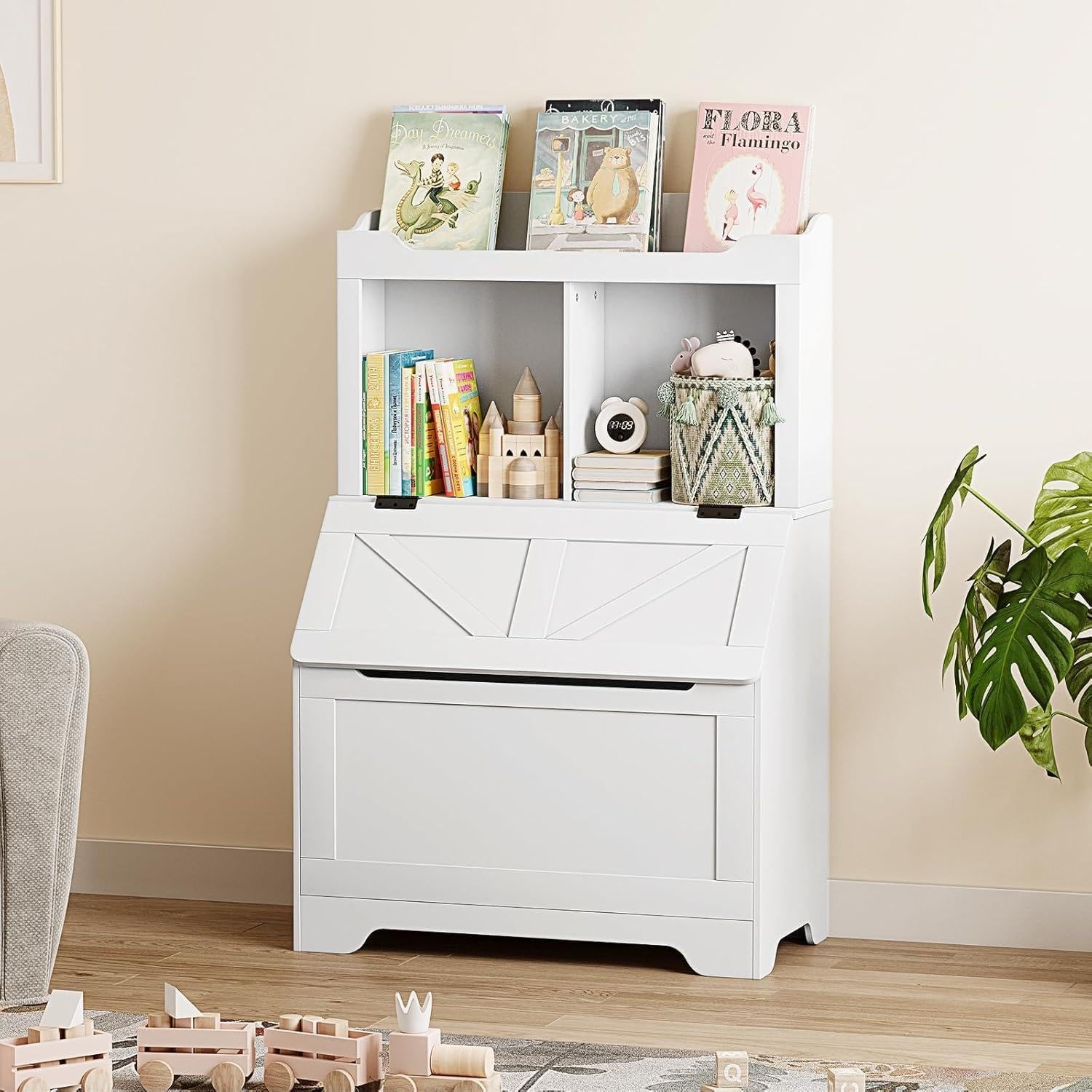 Spacious 3-tier Wooden Kids Bookcase and Toy Storage Organizer with Flip-Top Lid, Versatile Design for Playroom, Bedroom, Nursery, and Kindergarten - Child-Friendly Toy Chest Organizer