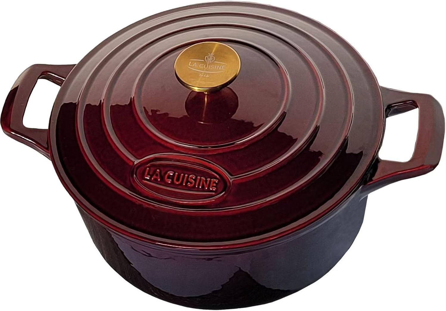La Cuisine Enameled Cast Iron Dutch Oven Casserole Dish Pot with Lid, 5 QT 10.3“ /26cm Dia. Internal Matte Black Enamel Coating Gold-Plated SS Lid Handle Oven Safe up to 500° F, Cranberry