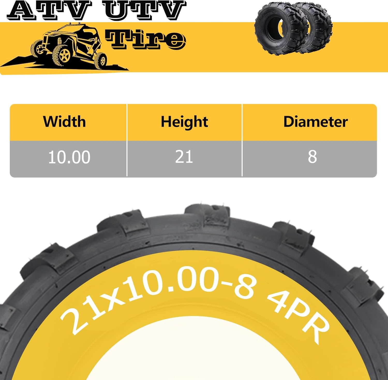 ATV Tires All-Terrain Tires 21x10-8 4PR ATV UTV Trail Sand Mud Off-Road Tires Tubeless, 2 Pack