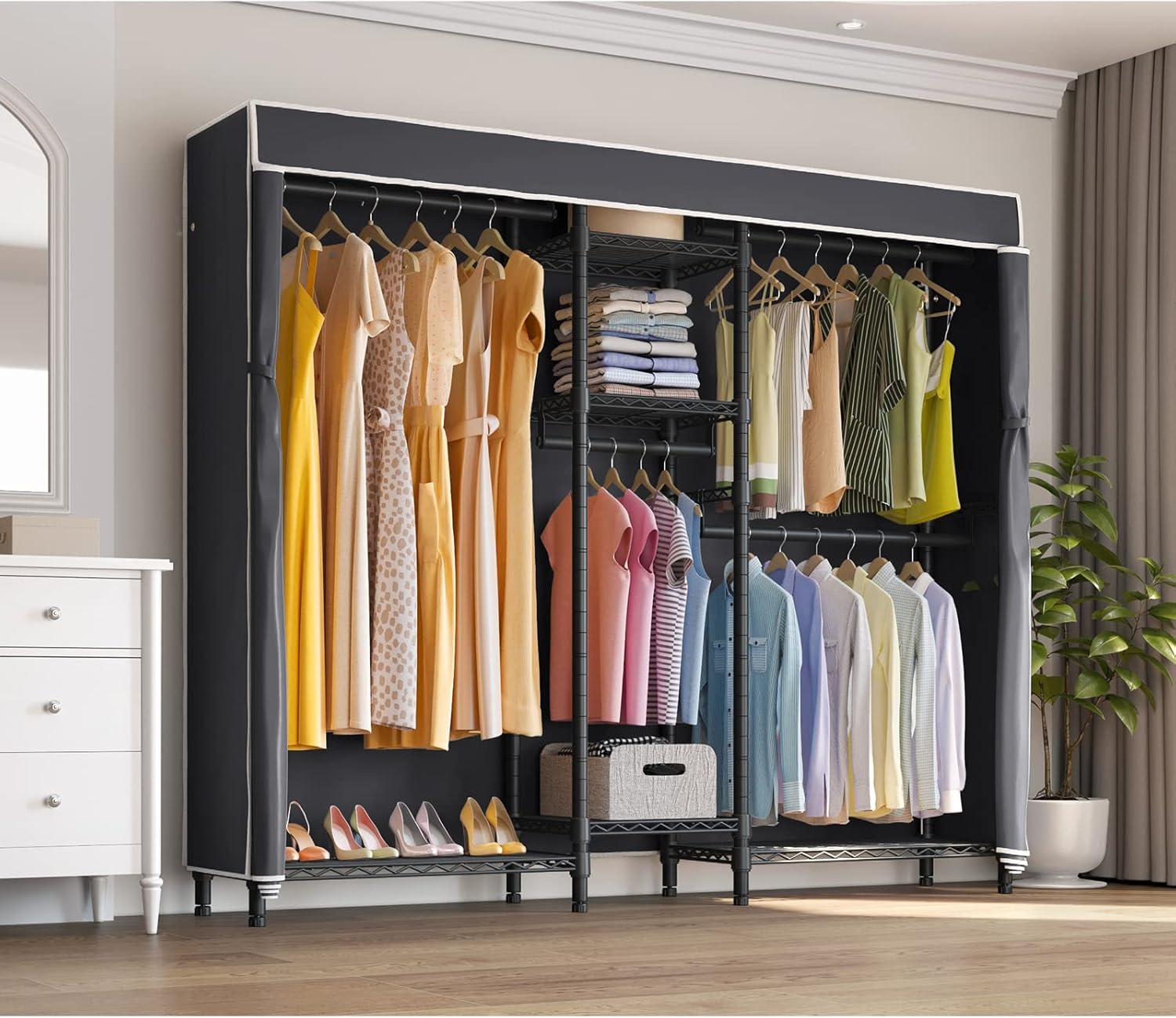 VIPEK Classic V6C Heavy Duty 5 Tiers Wire Garment Rack Large Size Wardrobe Closet Black Metal Clothing Rack with Black Oxford Fabric Cover, 75.6