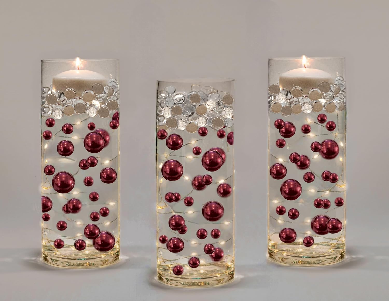 300 Floating Rose Gold Pearls - Jumbo Sizes - with Must Have Tranparent Water Gels KIT for The Best Floating Effect - Fills 4 GL of Gels for Vases-White Submersible Fairy Lights