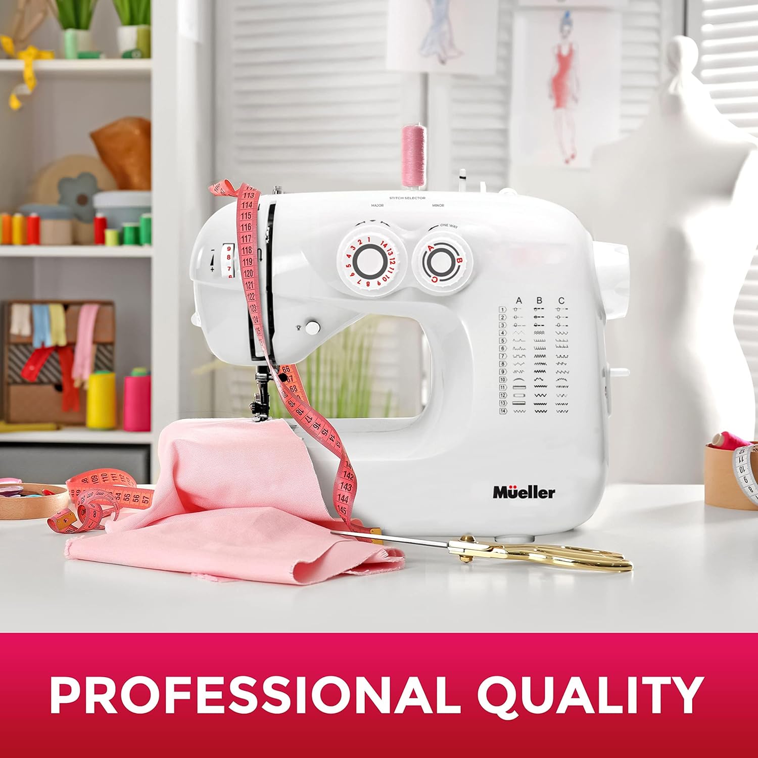 Mueller Machine For Sewing,110 Stitch Applications, Foot Pedal, LED Light, Buttonhole, Button & Zipper Sewing, User friendly, Thread Cutter and Removable Accessories Storage, White