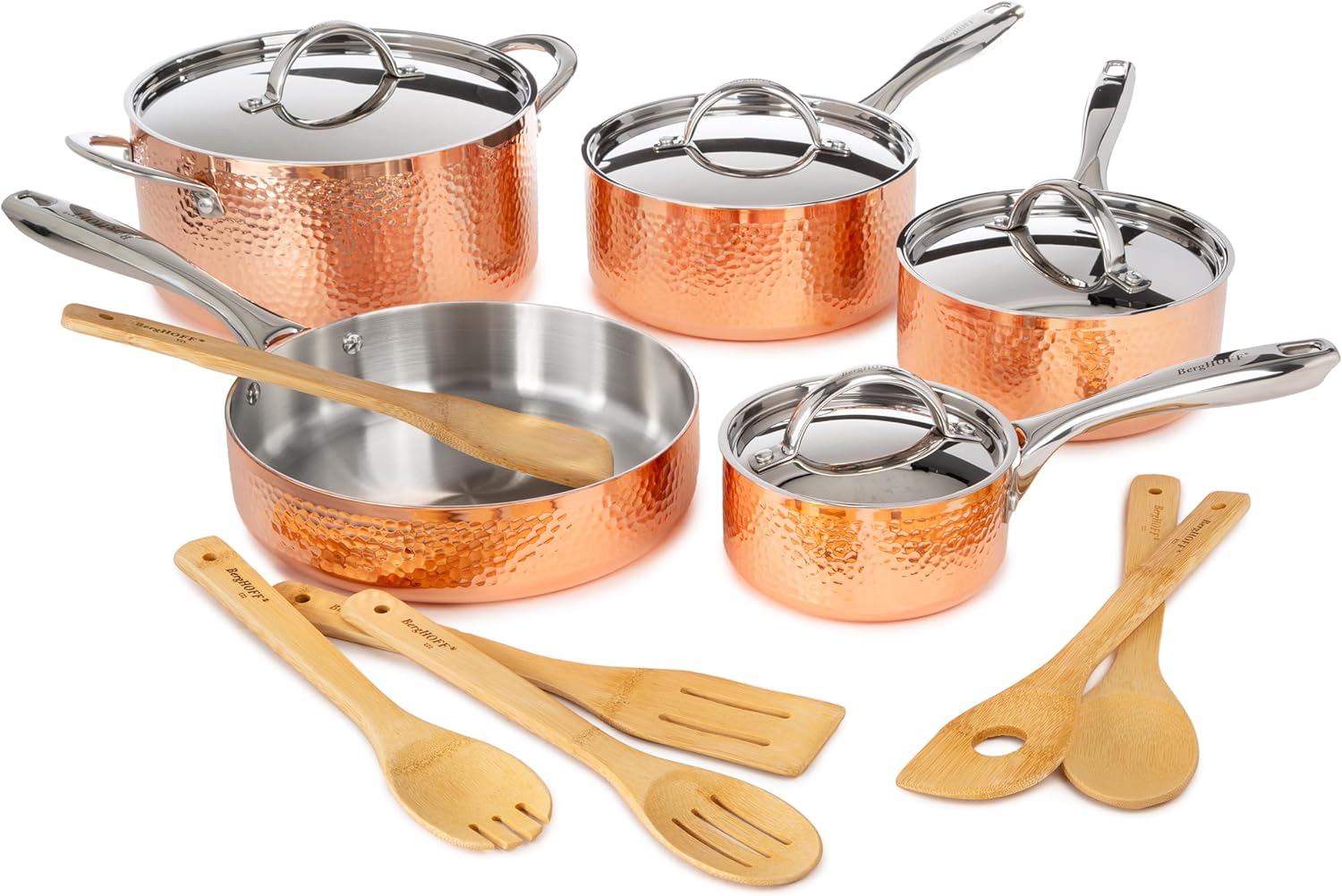 BergHOFF Vintage 15Pc Tri-Ply Copper 18/10 Stainless Steel Cookware Set With Matching Lids, Bamboo Utensil Set, Hammered, Long Ergonomic Shaped Handle, 3-layer Base, Gold