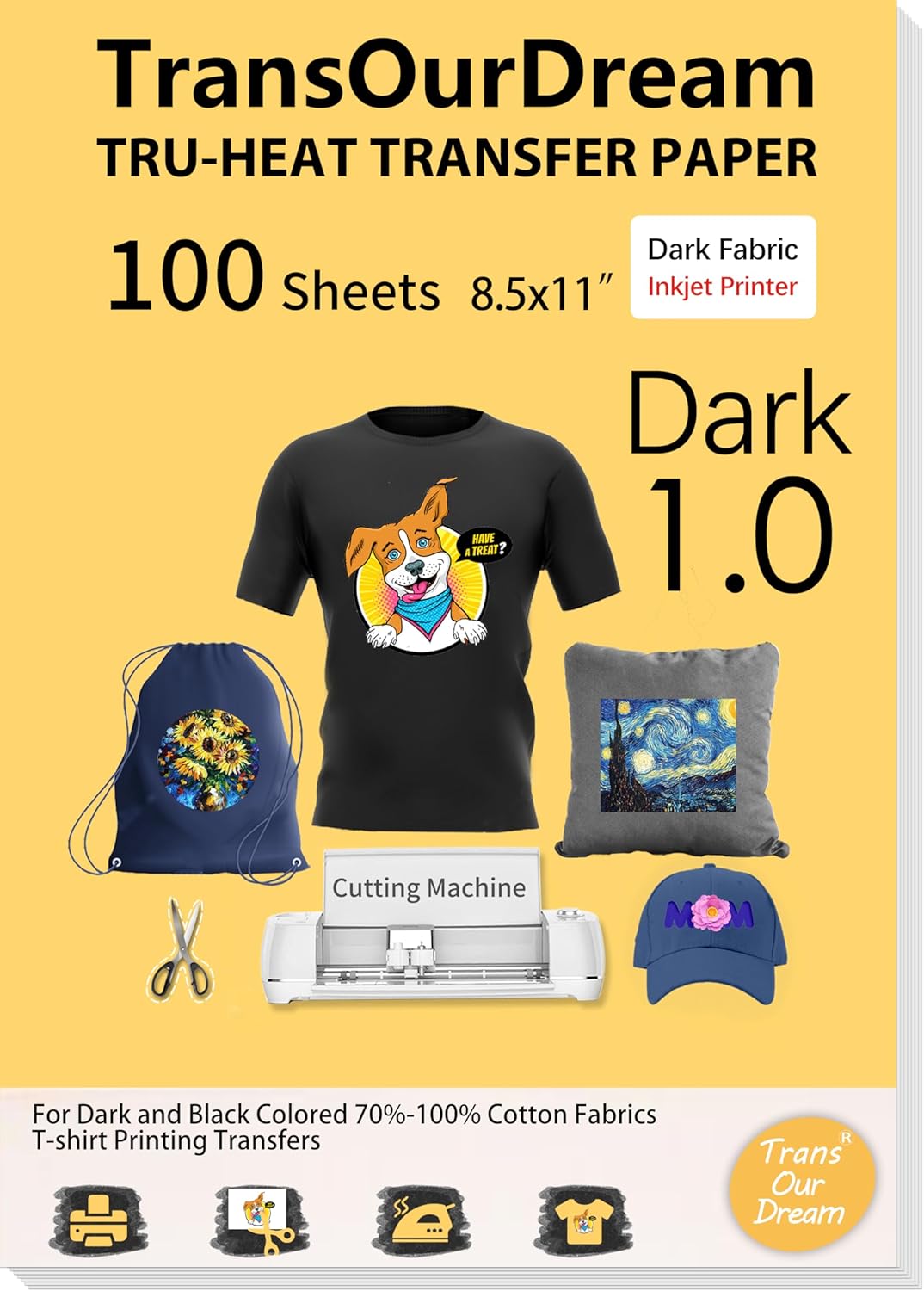 TransOurDream Tru-Iron on Heat Transfer Paper for Dark Fabric (100 Sheets, 8.5x11