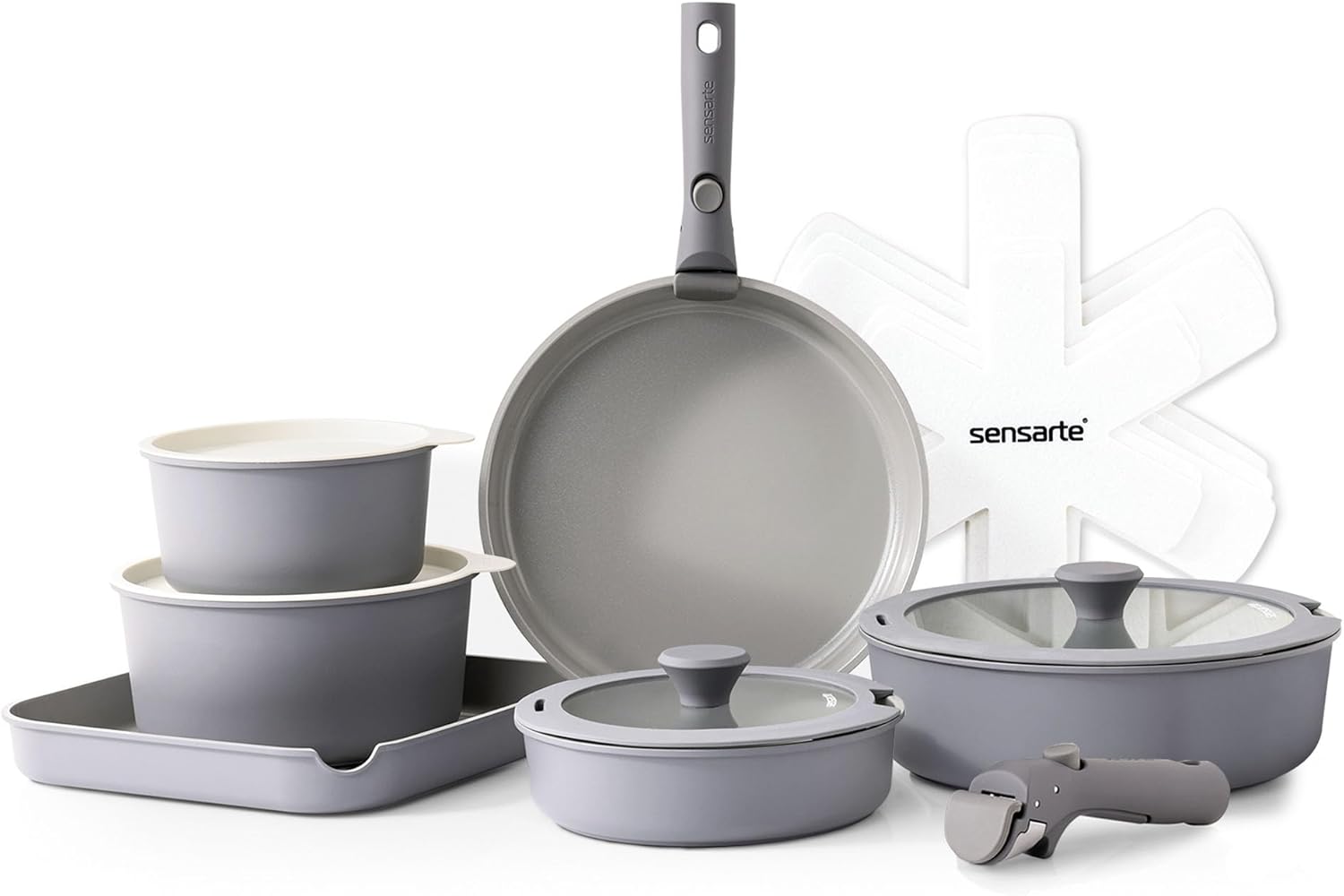 SENSARTE 17 Piece Ceramic Pots and Pans Set, Nonstick Detachable Handle Cookware, Induction Kitchen Cookware Set with Removable Handle, Dishwasher ＆ Oven Safe (Gray)