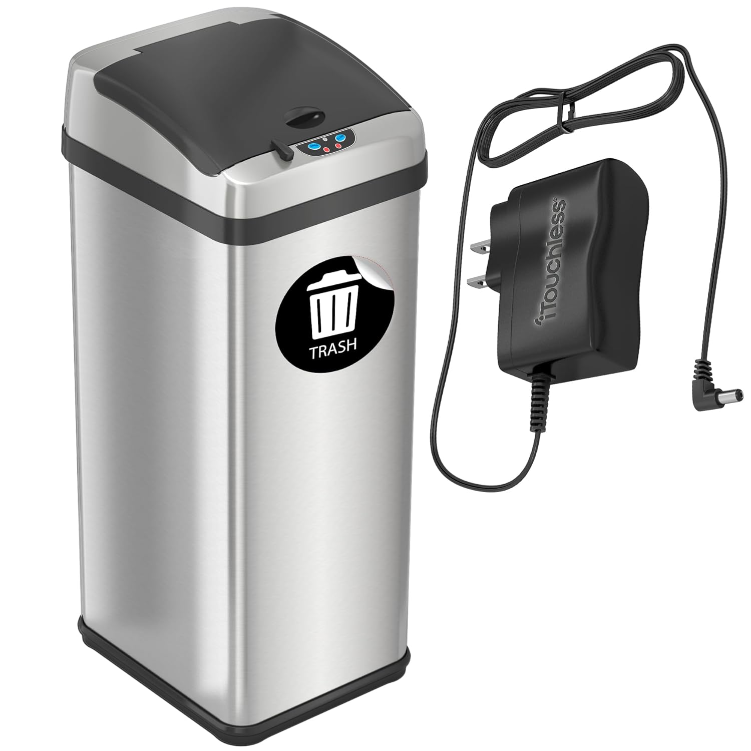 iTouchless 13 Gallon Automatic Touchless Sensor Kitchen Garbage Can with AC Adapter and Odor Filter Deodorizer, Includes Waterproof Reusable Vinyl Trash Sticker, Stainless Steel/13 Gal