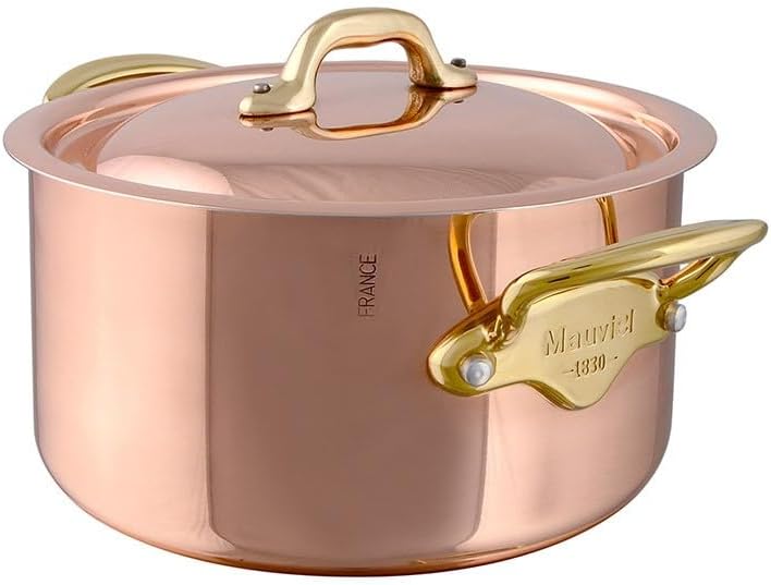 Mauviel M'Heritage 150 B 1.5mm Polished Copper & Stainless Steel Stewpan With Lid & Brass Handles, 3.5-Qt, Made In France