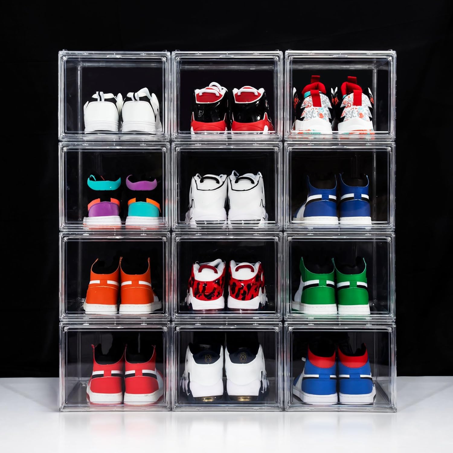 12 Pack Shoe Boxes, Clear Acrylic Stackable Plastic Sneaker Box Container, Magnetic Drop & Side Open Shoe Organizer Case Container With Lids Fits Up to Size 14 (Crystal Clear)