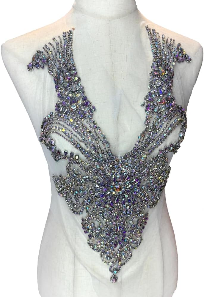 New Gold Silver Rhinestones Bodice and Neck Applique Handmade Glass Crystal Applique Patch for Dress Cloth by Piece (Silver-B)