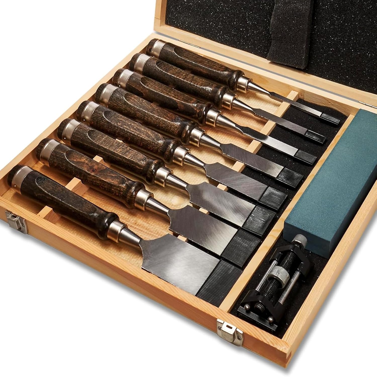 10 Pieces Wood Chisels Set with Honing Guide & Sharpening Stone for Woodworking Wood Carving Tools Kit with Wooden Box for Beginners and Professionals(Black Walnut)