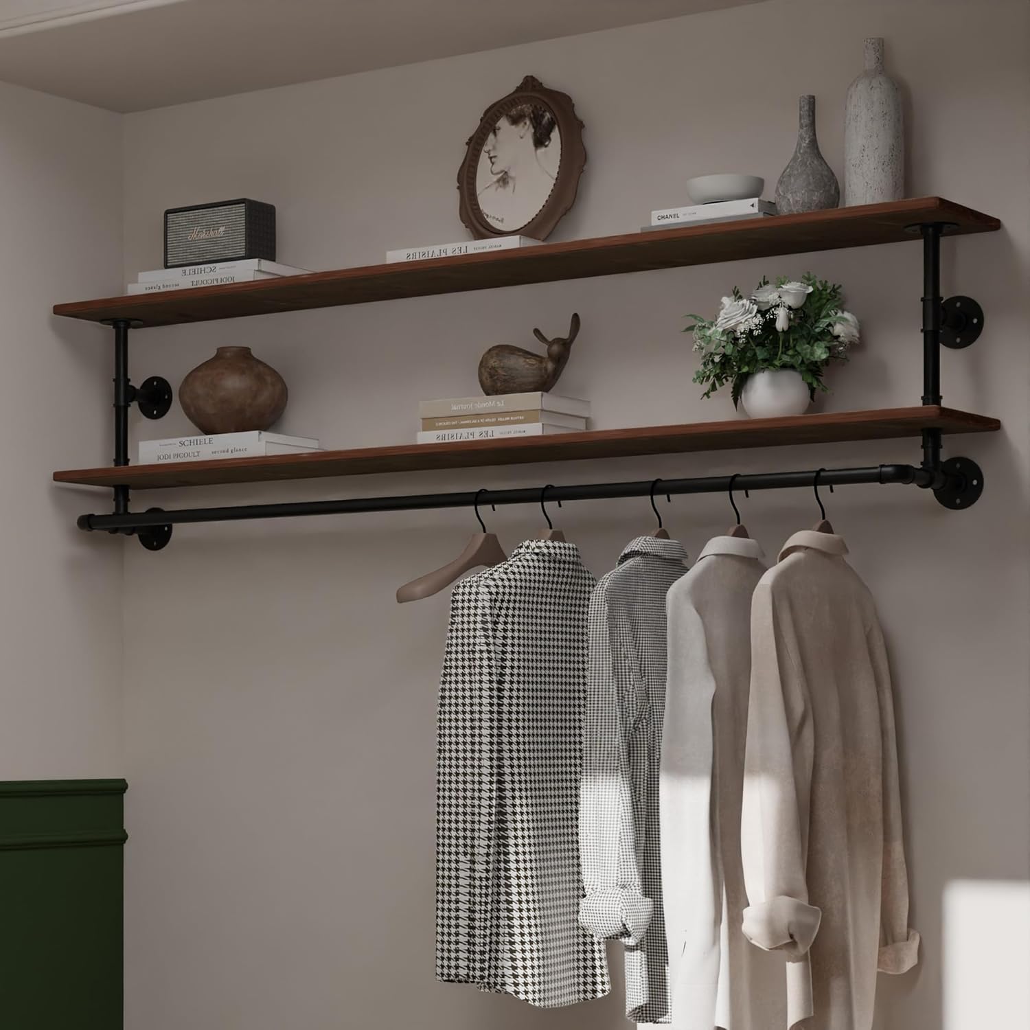 Clothes Rack 55in, 2-Tier Wall Mounted Garment Rack with Real Wood Shelf, Heavy Duty Hanging Clothes Rack, Multi-Purpose Hanging Rod, Space-Saving Closet Storage