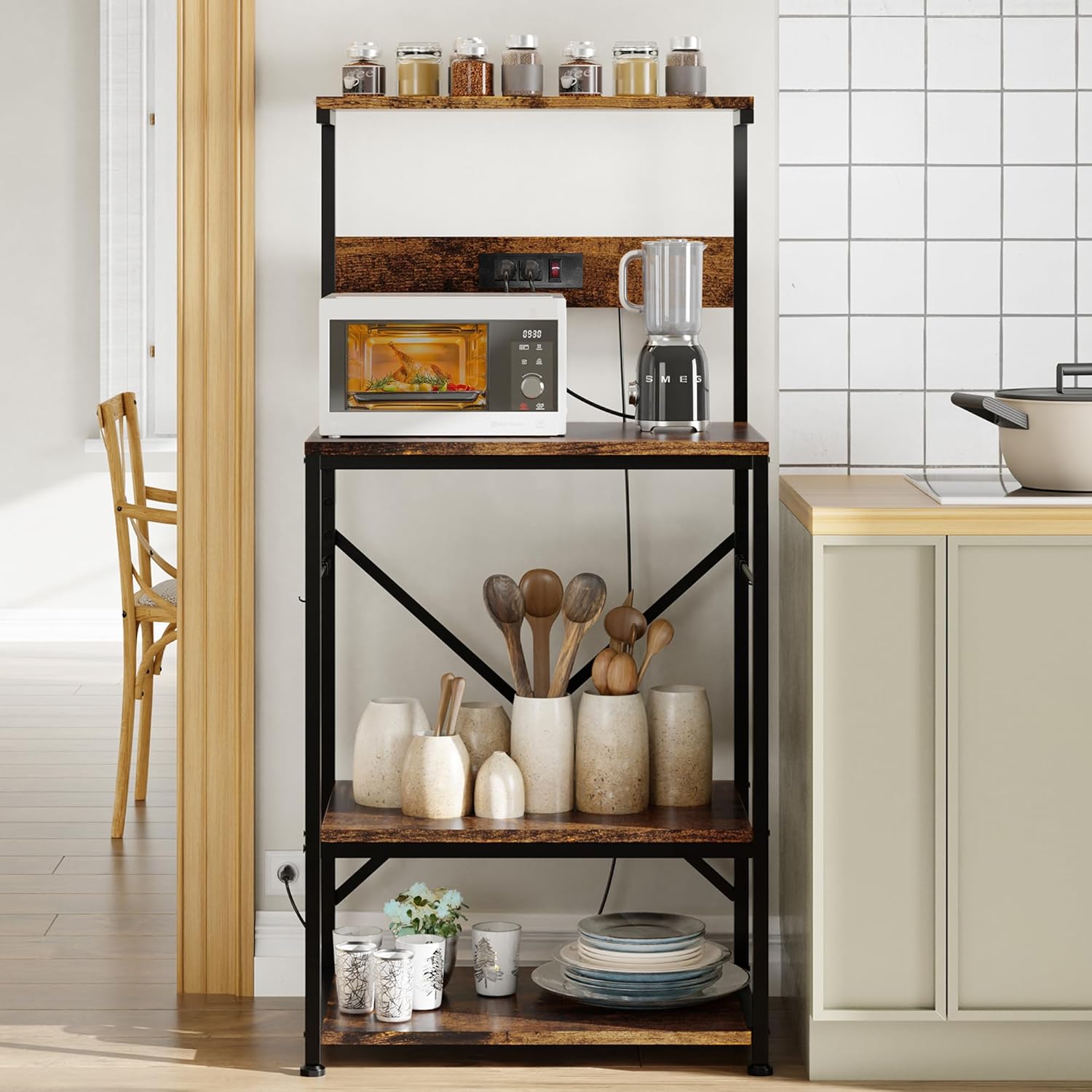 Shintenchi Bakers Rack with Power Outlet, Kitchen Organizer and Storage with 6 Hooks, Microwave Oven Stand, Kitchen Shelf for Spice, Coffee Station, Coffee Bar Table (Vintage Brown)