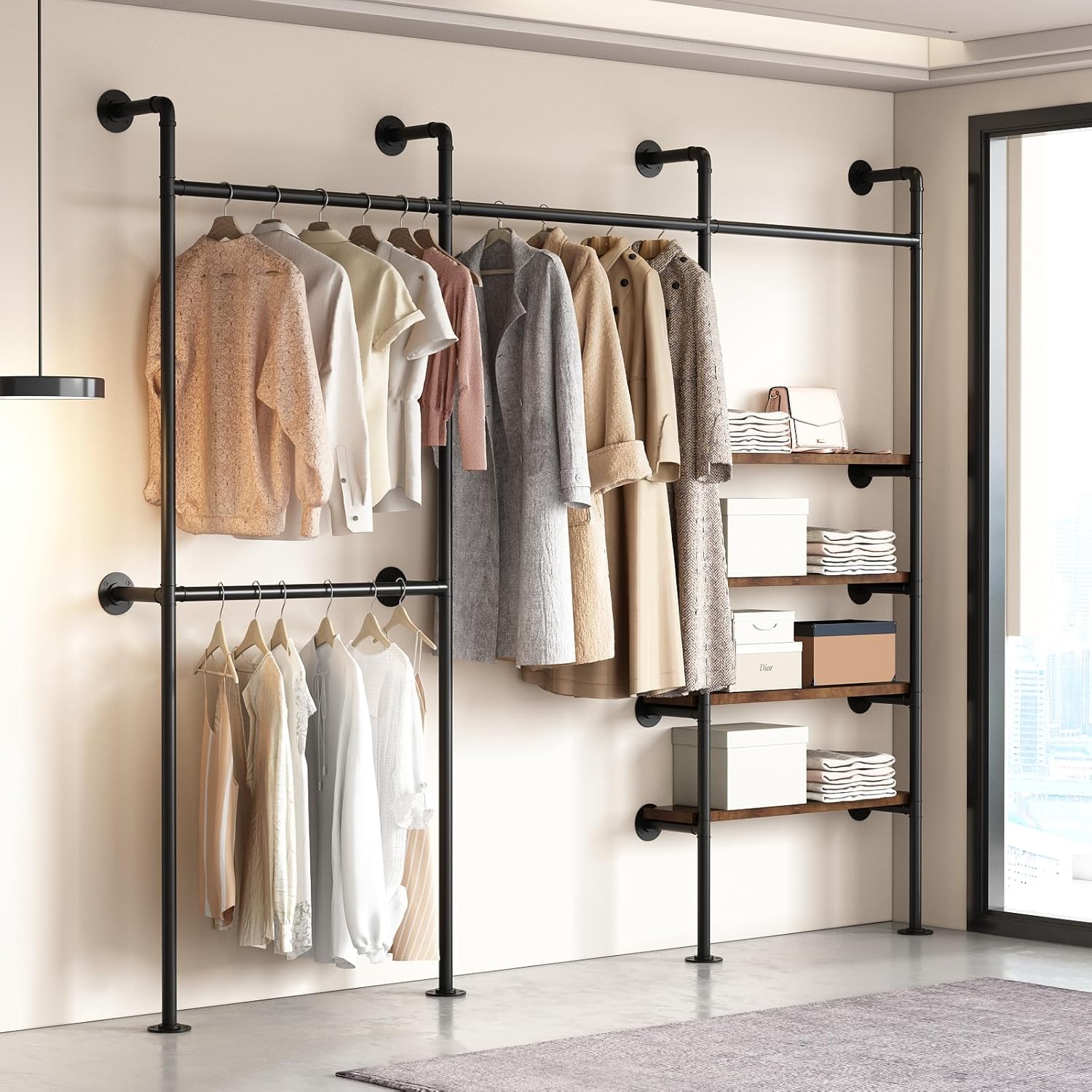 Industrial Pipe Clothes Rack, Wall Mounted Clothing Rack with Shelves, Heavy Duty Closet Organizers Wardrobe Multi-Purpose Storage Clothes Hanging Shelf-70.8''L Black