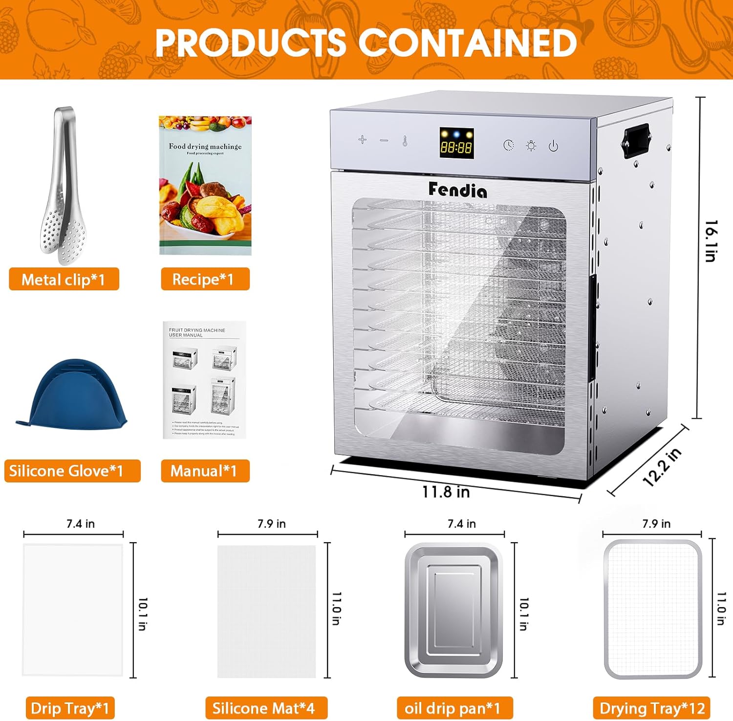 Food Dehydrator for Jerky, 12 Stainless Steel Trays, 1200W Fruit Dehydrator, 24H Timer and 190°F Temperature Control, Overheat Protection, Food Dryer for Jerky, Herbs, Fruit, Dog Treats