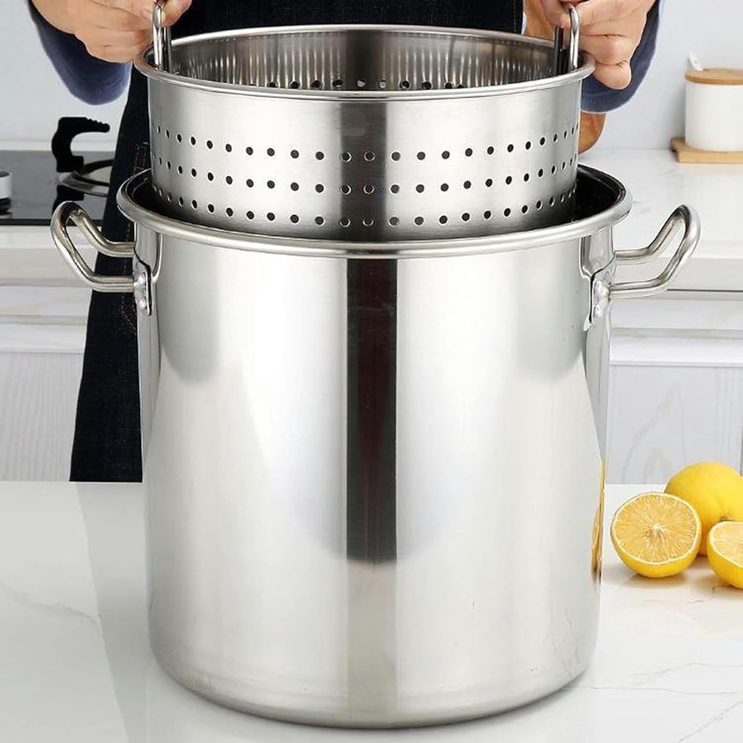 Home/Outdoor Stock Pot w/Strainer Basket & Lid, Stainless Steel All Purpose Pot Deep Fryer for Steam and Boiling Deep Frying,35 * 35cm（35 * 35cm）