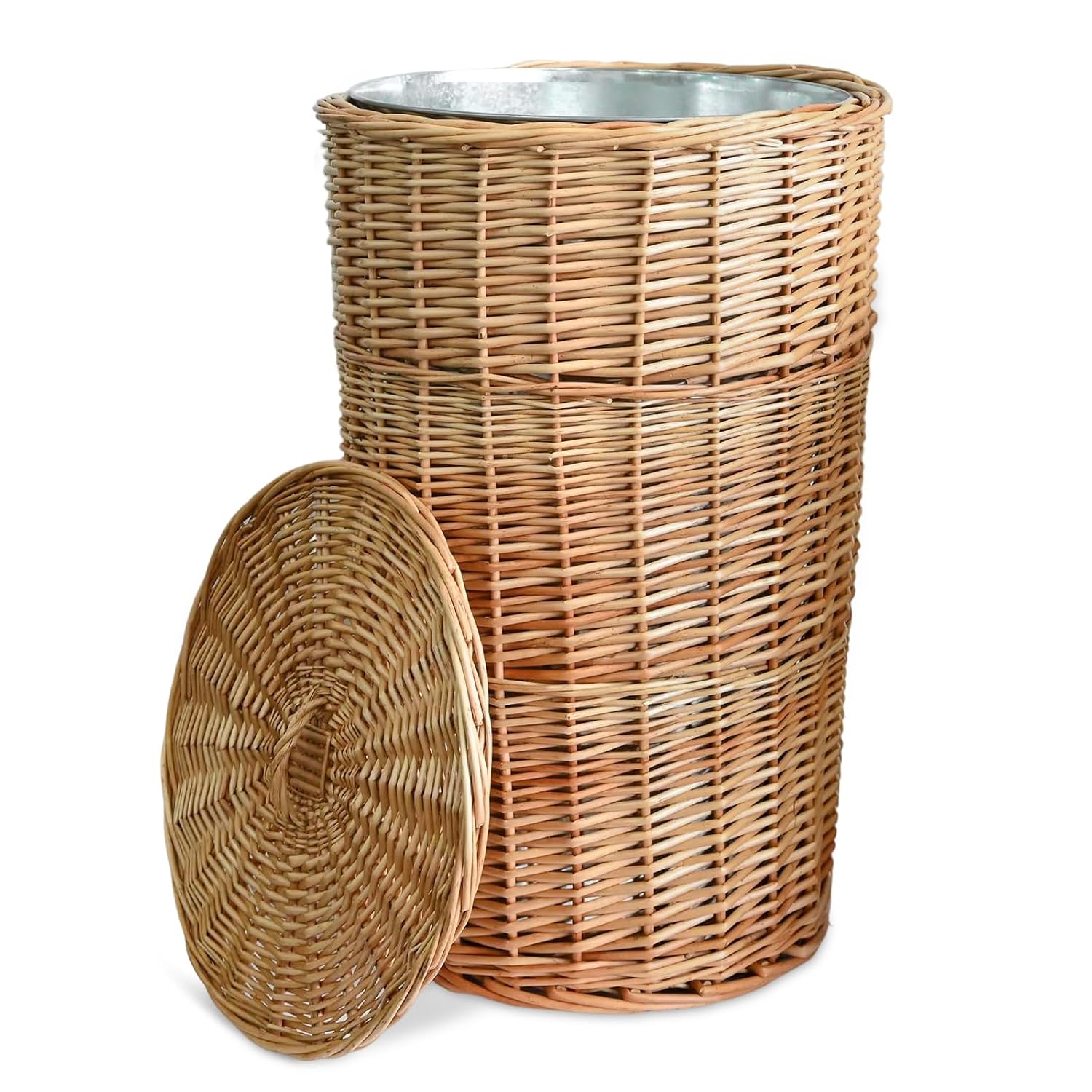 16.5 Gallon Large Wicker Trash Basket with Metal Liner,15x14x24 in Wicker Trash Can with Lid, Tall Wickers Waste Basket, Handwoven Trashs Cans for Bedroom Kitchen Living Room, Raw Wood Color