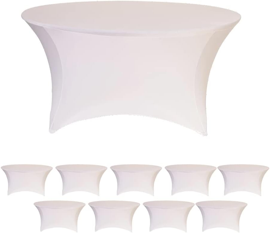Banquet Tables Pro White 10 Pack Case 60 Inch 5 Ft Round Tight Fit Stretch Spandex Tablecover for Weddings, Banquets, Parties