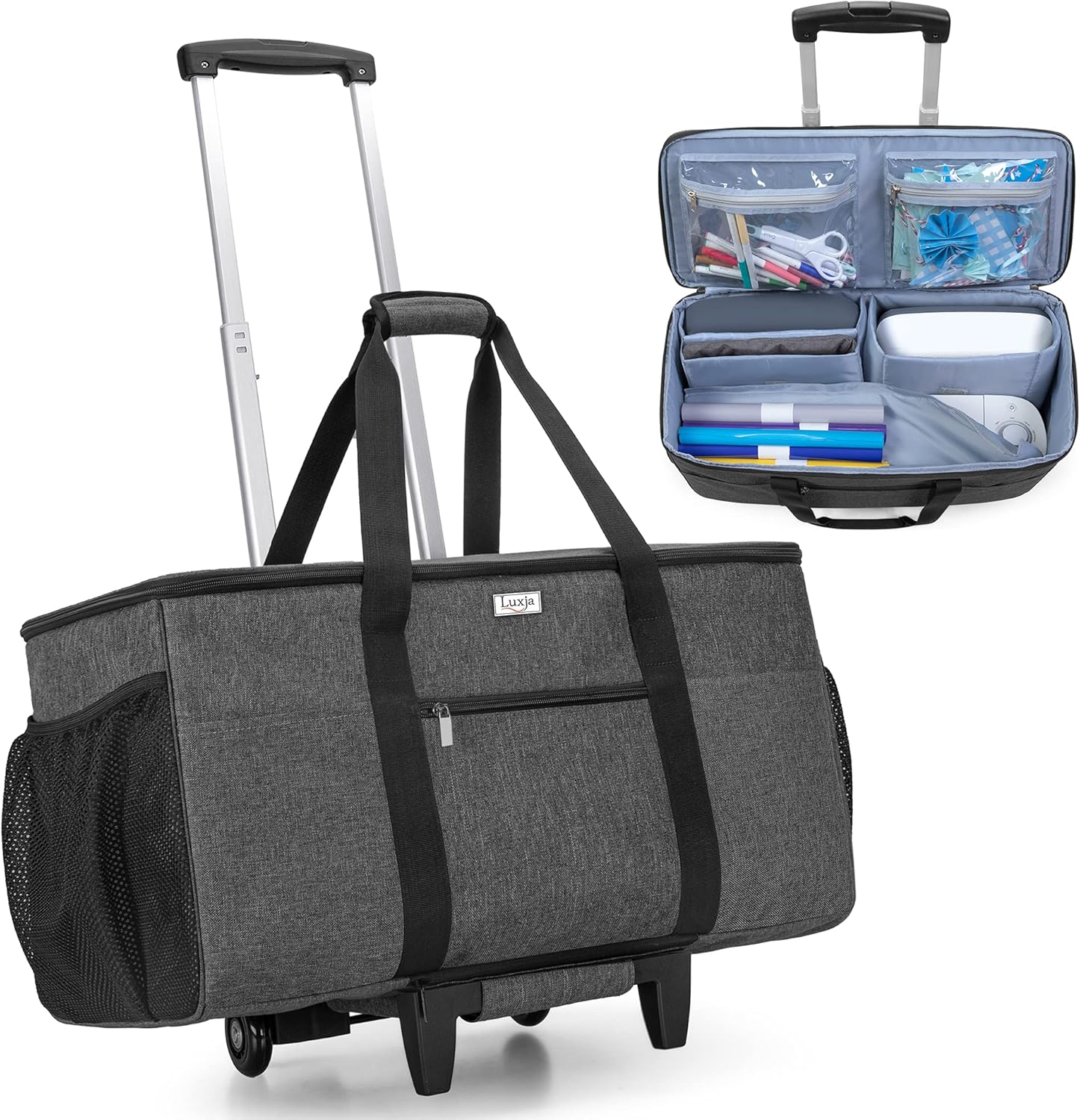 LUXJA Rolling Tote Compatible with Cricut Maker (Explore Air) and Easy Press (9 inches x 9 inches), Die-Cut Machine Carrying Case with Wheels (Come with a Detachable Dolly), Black