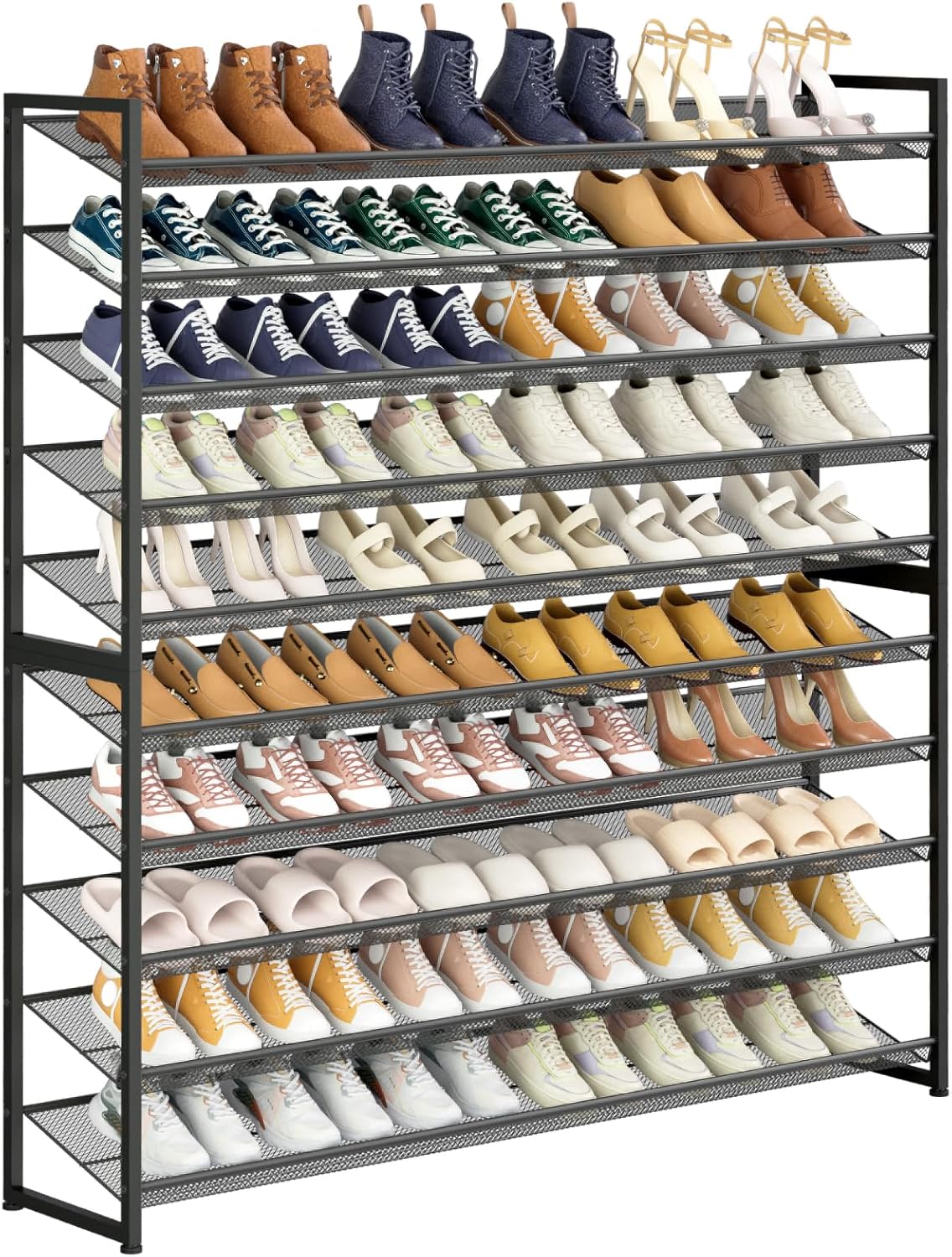 Large Shoe Rack 10 Tier Shoe Organizer, Heavy Duty Metal 5-Tier Stackable Shoe Storage Vertical Shoe Rack for Closet Front Door Entrance, Up to 62 Pairs, 44.8