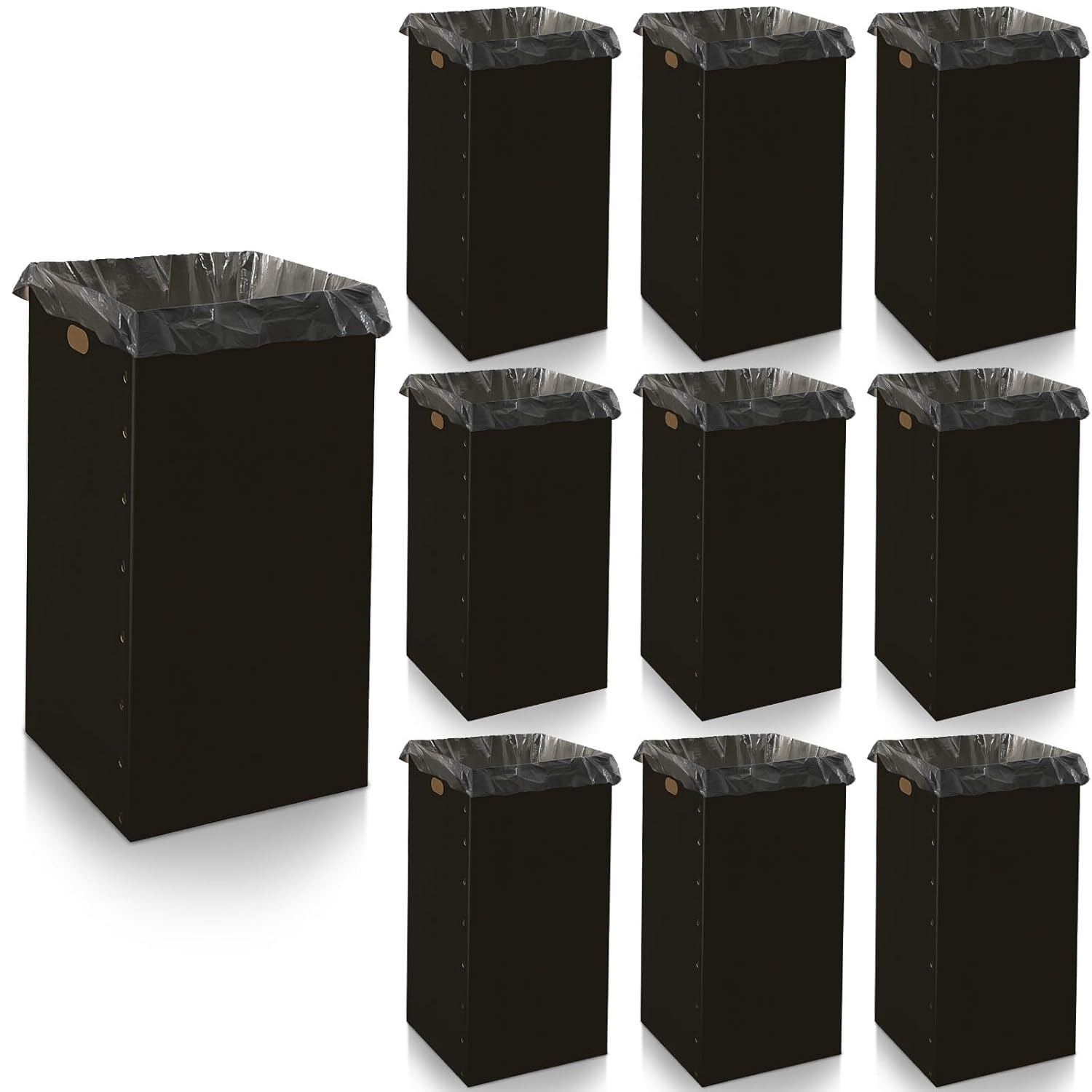Nosiny 10 Pcs Disposable and Reusable Corrugated Cardboard Trash Cans for Events, Recycling Bins Bulk with Trash Bags,Cardboard Garbage Boxes for Parties (50 Gallon,Black)