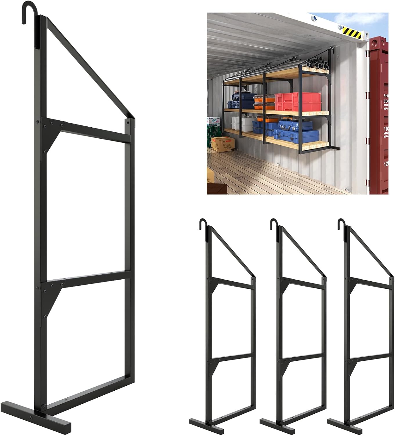 4 Pack Shipping Container Shelving– Heavy Duty Three-Tier Storage Rack with Black Powder Coating, Universal Shipping Container Accessories for Warehouses, Garages, and Workshops, 52