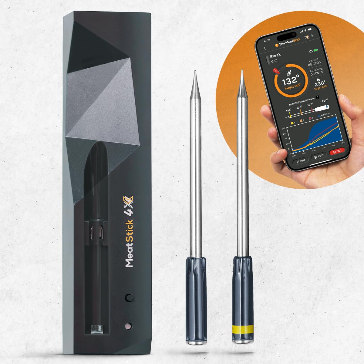 MeatStick 4X Bundle [2-Probe/650ft Range] | Quad Sensors Smart Wireless Meat Thermometer with Bluetooth | for Smoking, Grilling, BBQ, Air Fryer, Deep Frying, Oven, Sous Vide, Rotisserie