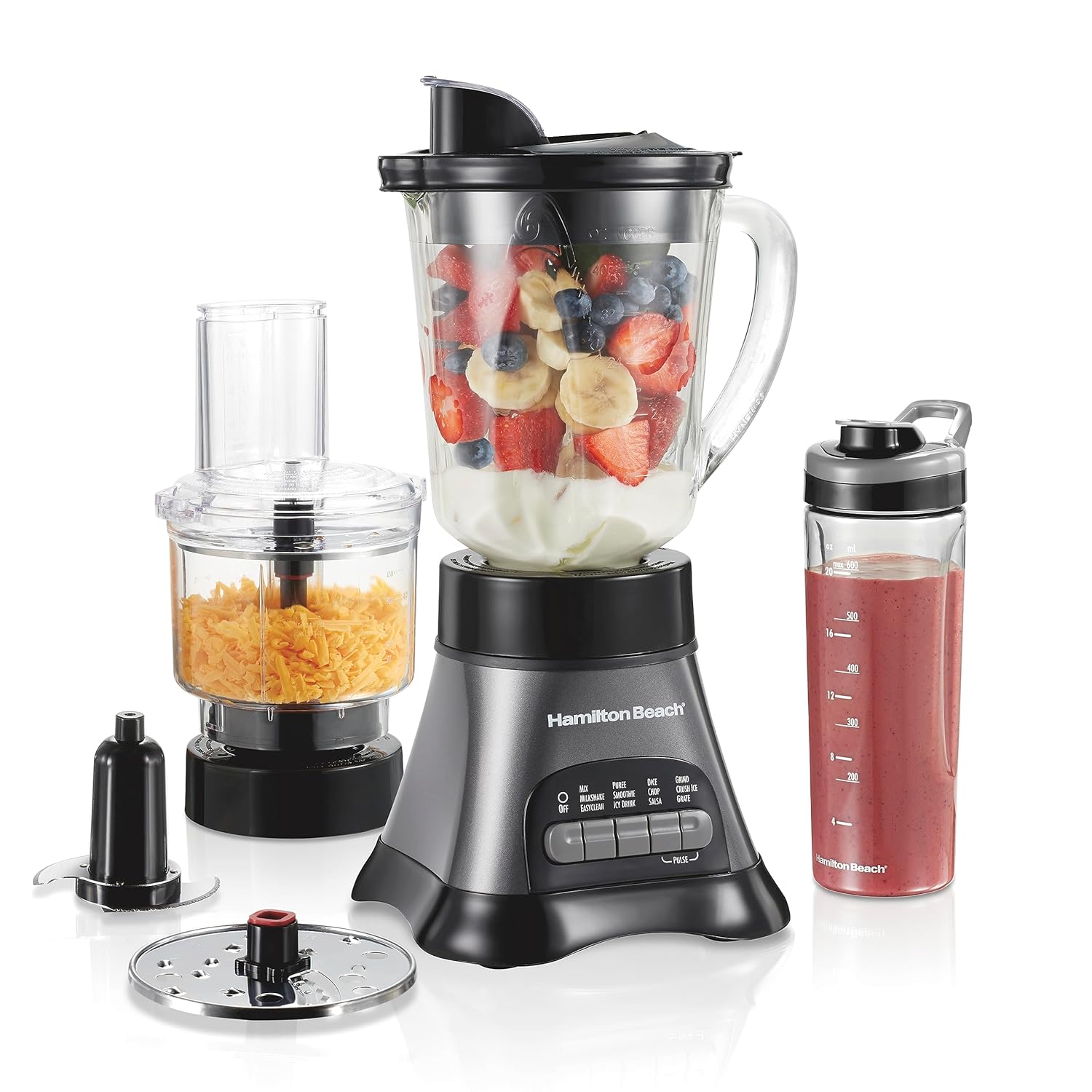 Hamilton Beach Blender and Food Processor Combo for Shakes & Smoothies, With 3 Cup Electric Food Chopper Attachment, 40 oz Glass Jar, Blender Travel Cup, 700 Watts Peak Power, Gray & Black (58163)