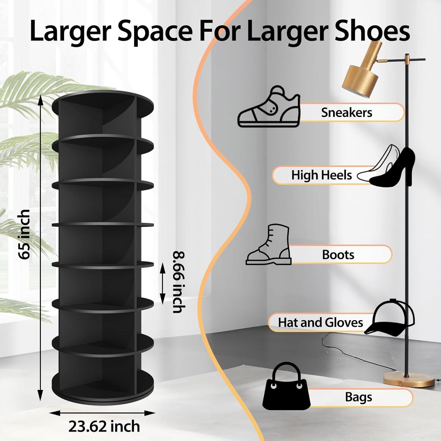 Hestiasko Rotating Shoe Rack, 7-Tier Spinning Shoe Rack, Free Standing Rotating Shoe Rack Tower 360°, Easy to Assemble, Space-Saving Revolving Shoe Organizer for Entryway - Black