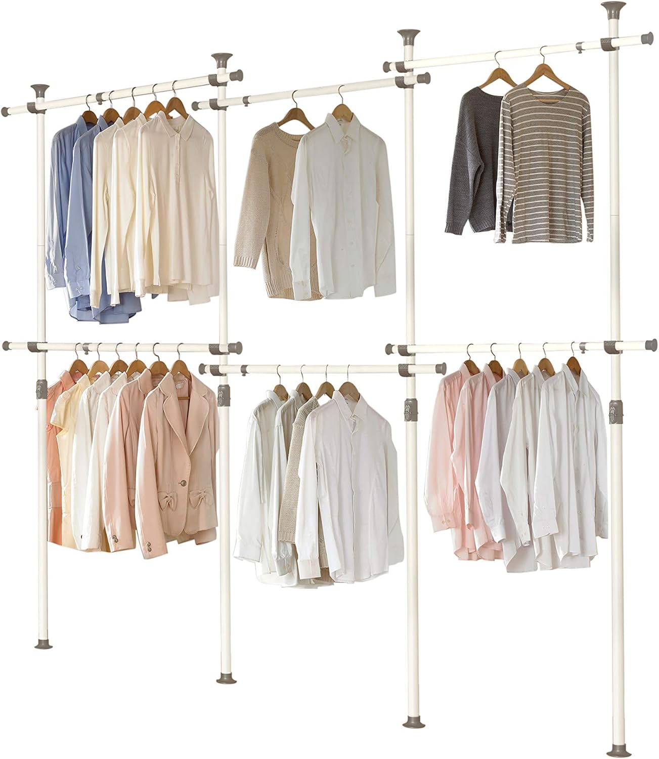 PRINCE HANGER Rack Heavy Duty One Touch System Load 1,056LBS Clothing Racks for Hanging Clothes Metal Closet Garment Tension Rod Freestanding White Height Width Adjustable Closet Rack 6Tier PHUS-0072