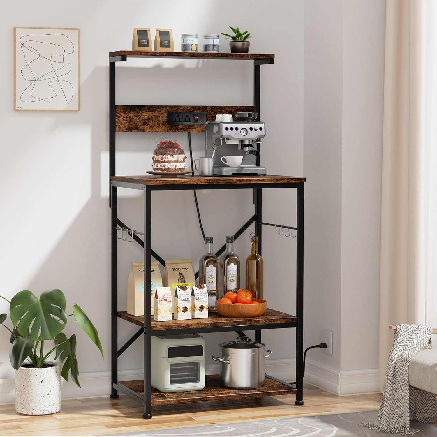 Shintenchi Bakers Rack with Power Outlet, Kitchen Organizer and Storage with 6 Hooks, Microwave Oven Stand, Kitchen Shelf for Spice, Coffee Station, Coffee Bar Table (Vintage Brown)
