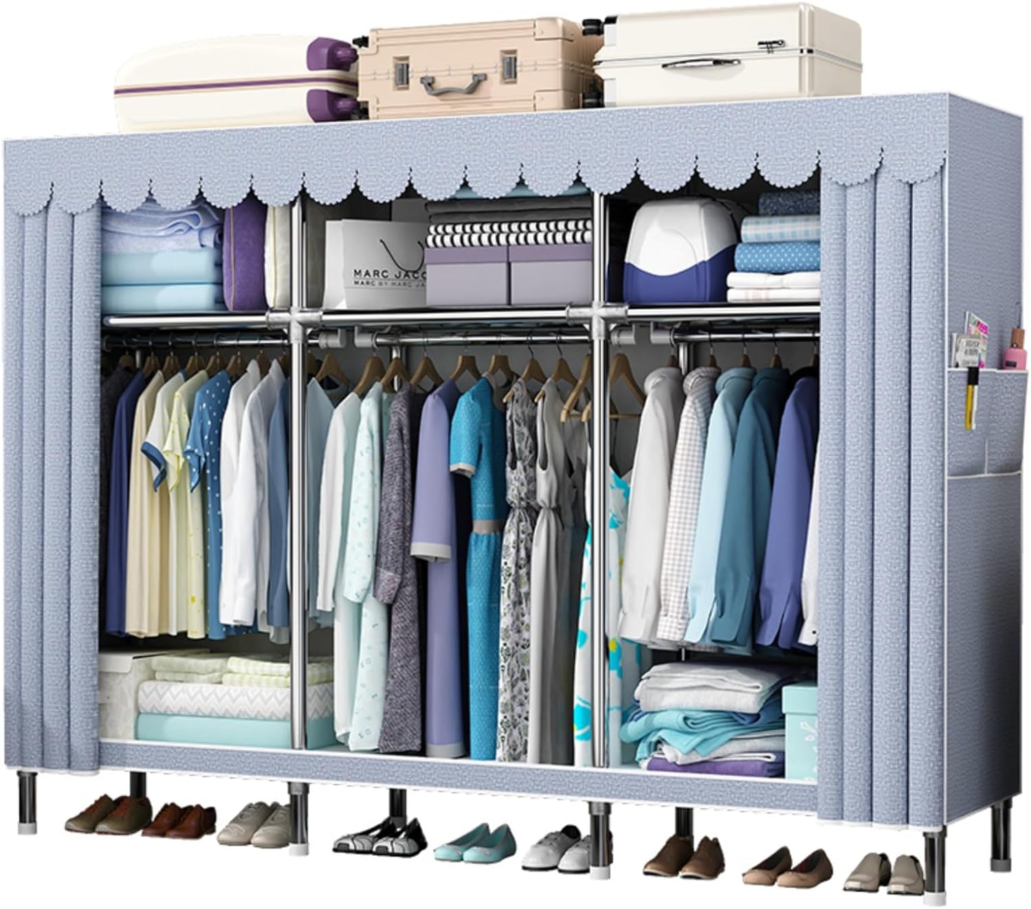 76Inch Portable Wardrobe Closet Storage Organizer for Bedroom, 23MM Thick Steel Hanging Rack with Polyester/Cotton Fabric Cover Moonlight Grey