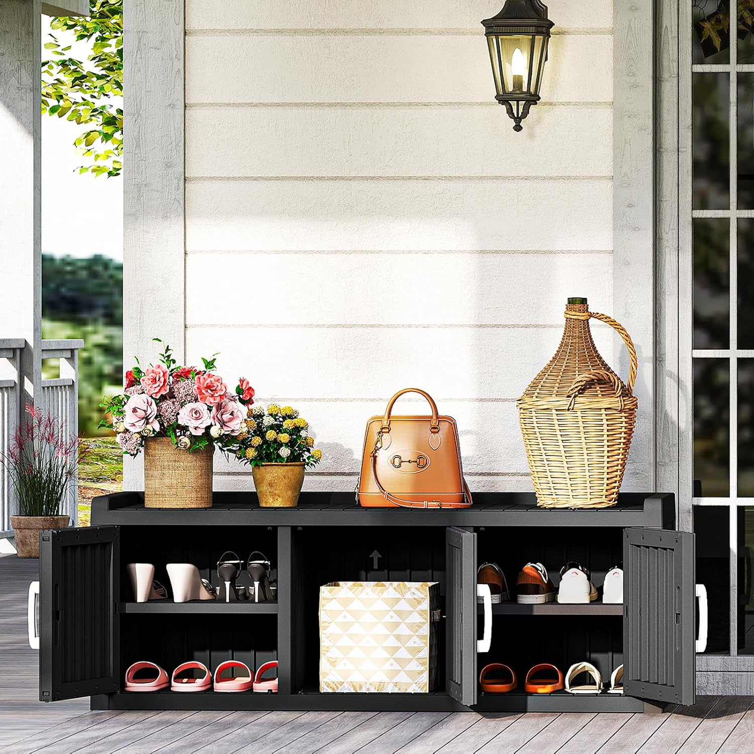 Rovibek Indoor Outdoor Shoe Storage Cabinet for Entryway - Outdoor Shoe Rack Weatherproof with 3 Barn Doors, Waterproof Cabinet for Outside, Porch, Patio, Foyer, Hallway, Black