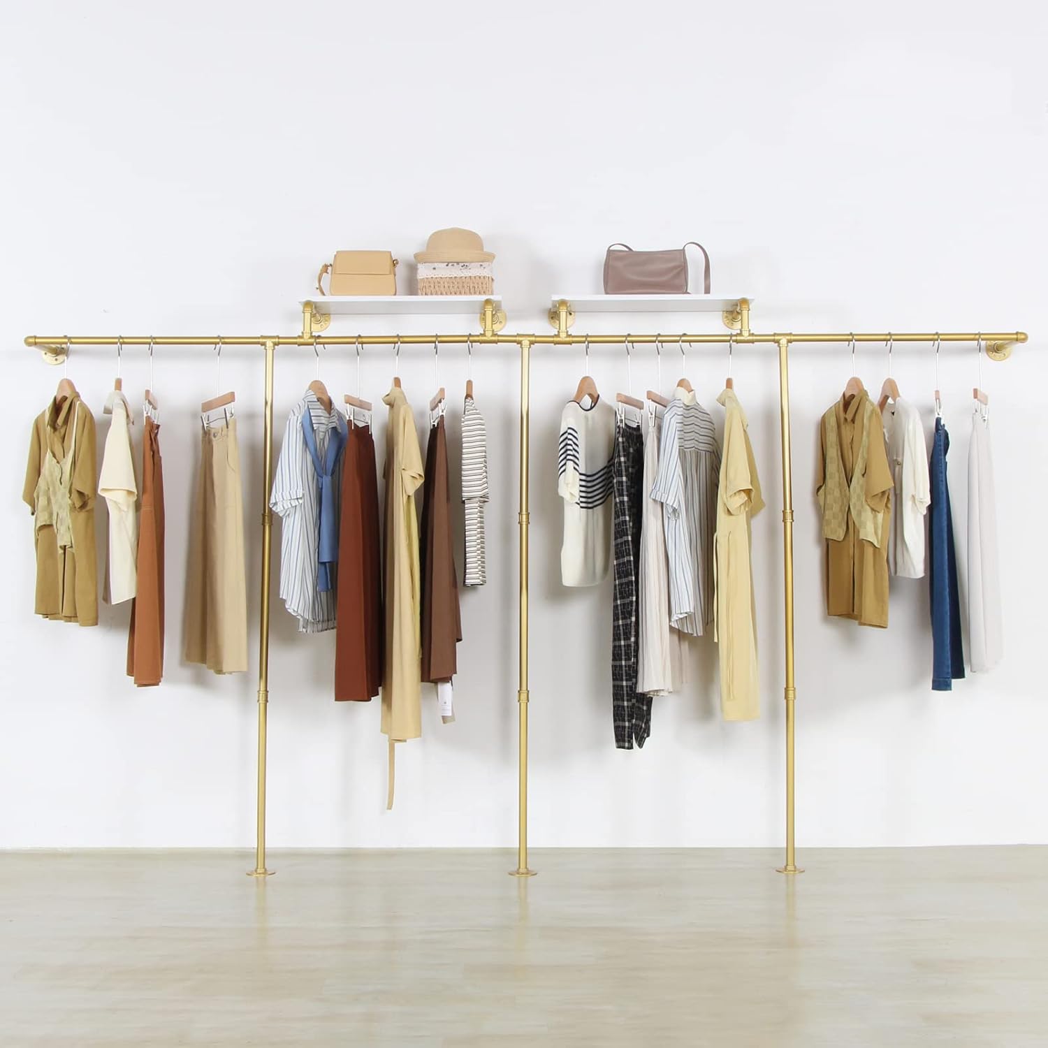 Wall Mounted Gold pipe clothing rack with 3 T-Bar Design and Nano Gold Finish with 2 Wooden Shelves Heavy Duty Wall Mounted Iron Garment Bar for Retail Display and Closet Storage