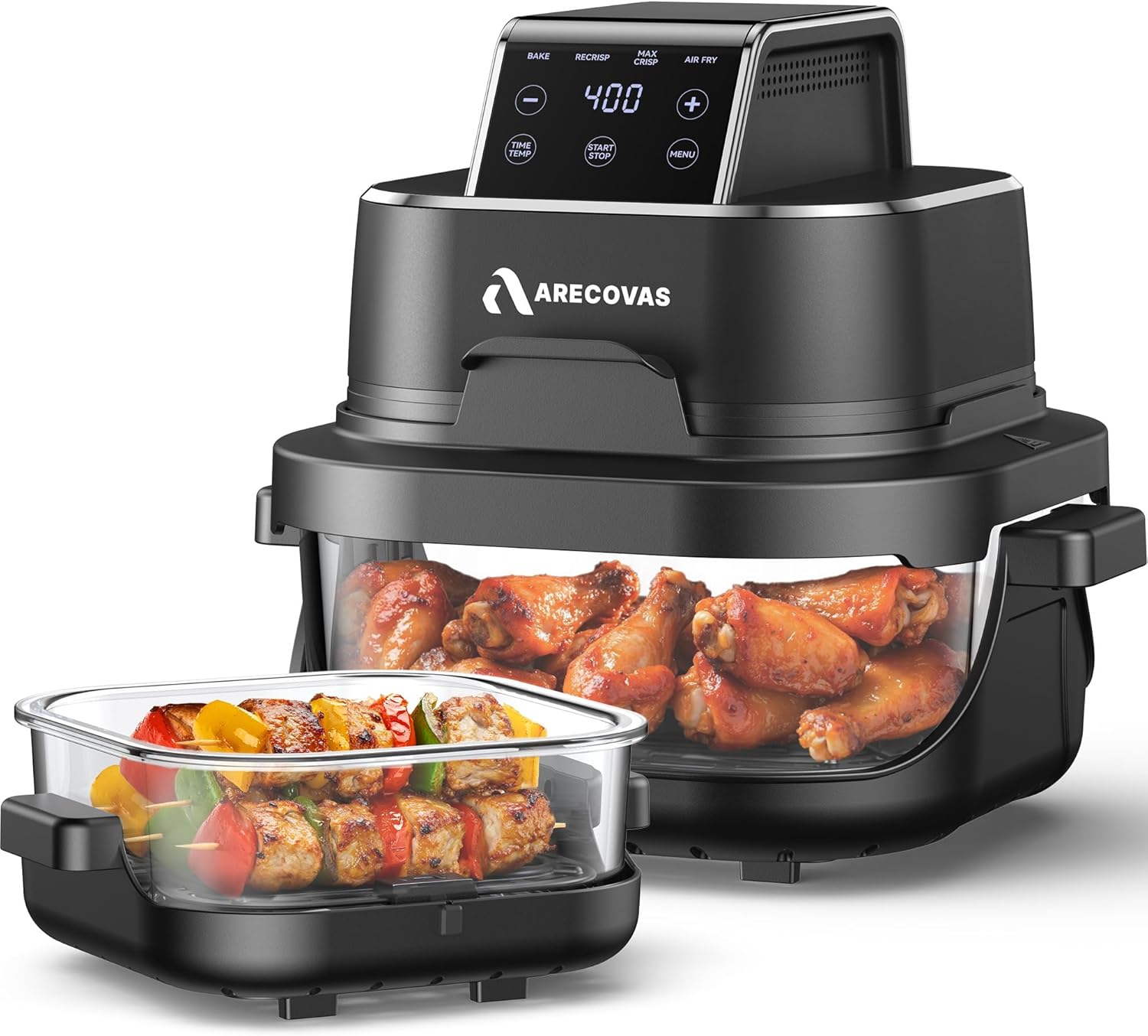 4-in-1 Portable Glass Air Fryer, 140–400°F Precise Heat, Max Crisp Technology, 4.2QT & 1.6QT Dual Containers with Lids, Freezer & Dishwasher Safe, Bake, Recrisp, Air Fry