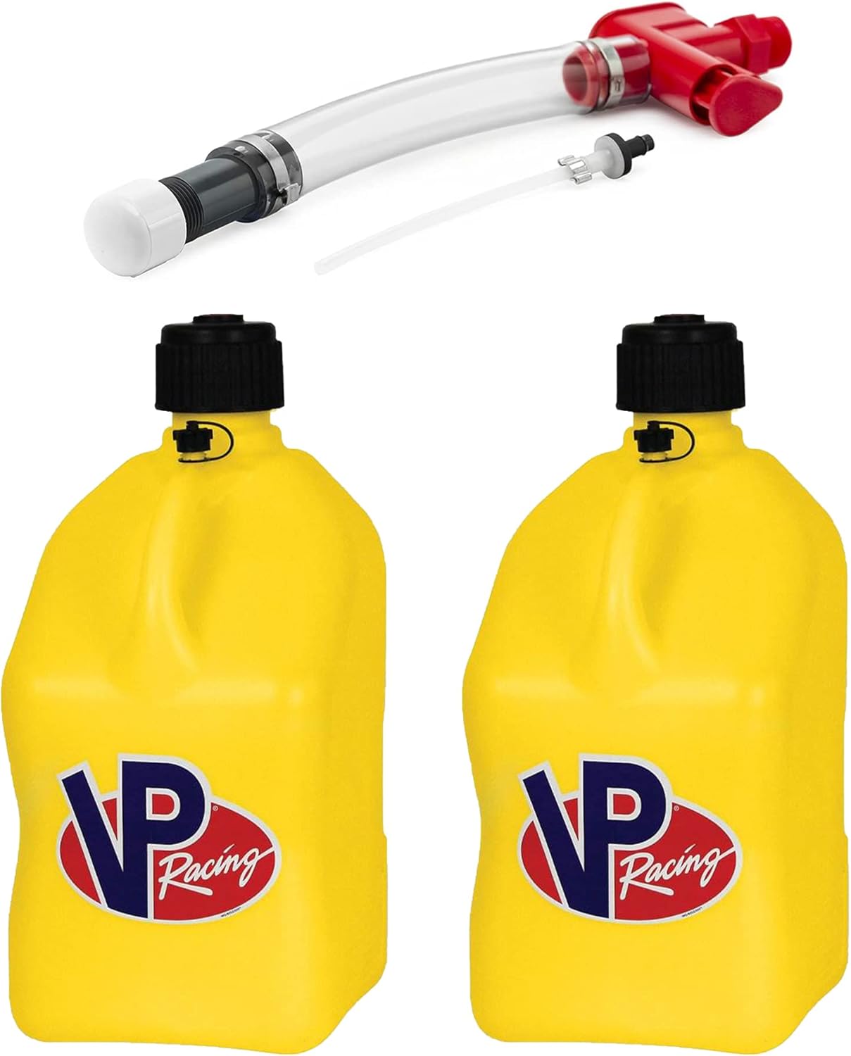 VP Racing Fuels 5 Gallon No Spill Trigger Fuel Hose Fluid Control System w/ 5 Gallon Motorsport Racing Liquid Container Utility Can, Yellow (2 Pack)
