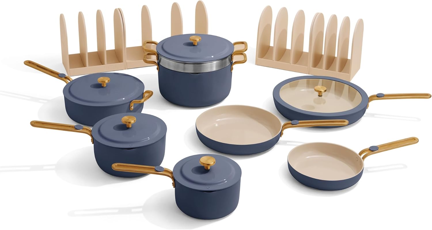 Our Place 17-Piece Essentials Complete Cookware Set - Ceramic Fry Pans, Saucepans, Sauté Pan, Stock Pot, Strainer Basket & Modular Storage | Thermakind™ Nonstick, Oven Safe up to 450°F | Blue Salt