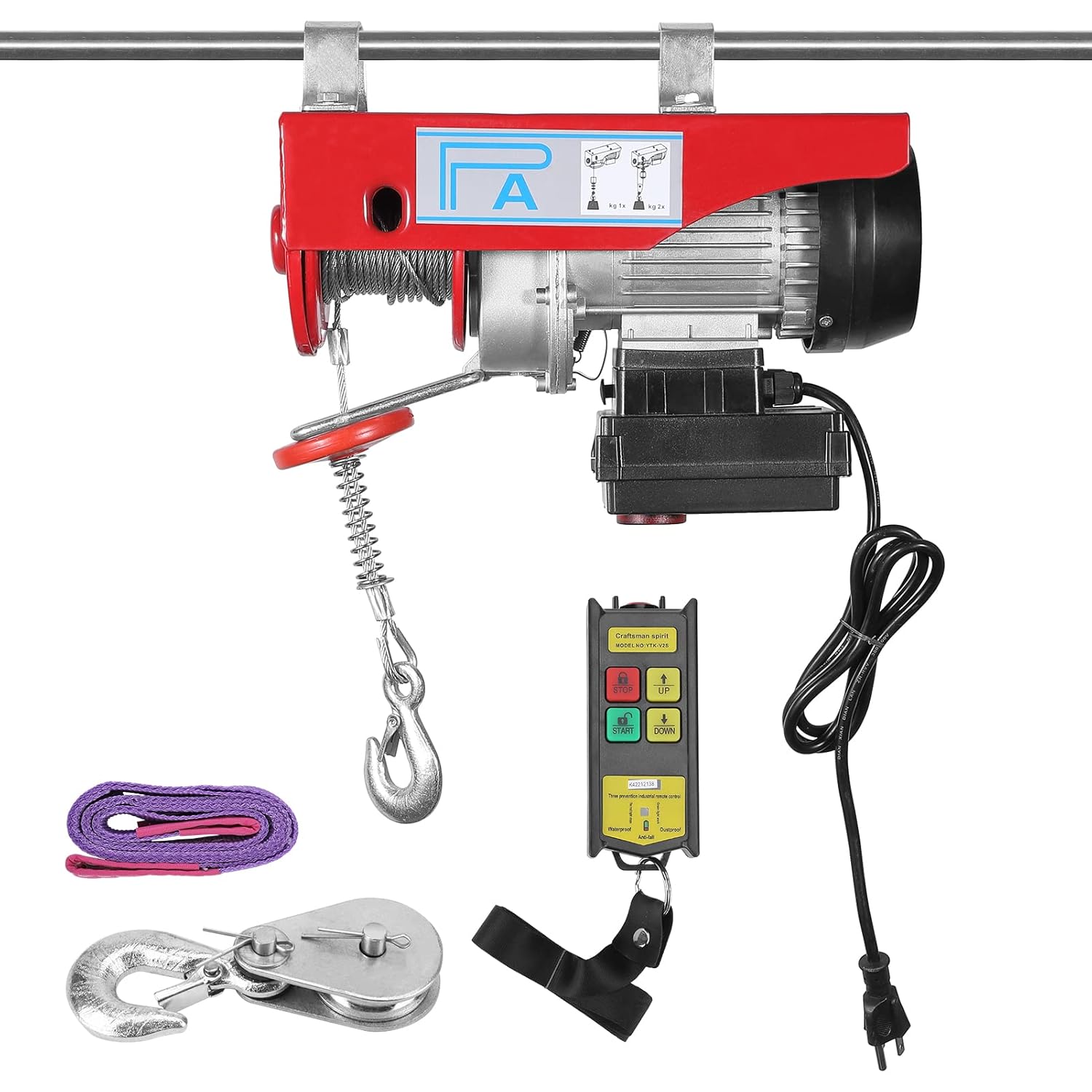 850LB Industrial Electric Hoist with Wireless Remote, 110v Overhead Crane Winch for Factories & Warehouses, Includes Lifting Slings & Safety Brake