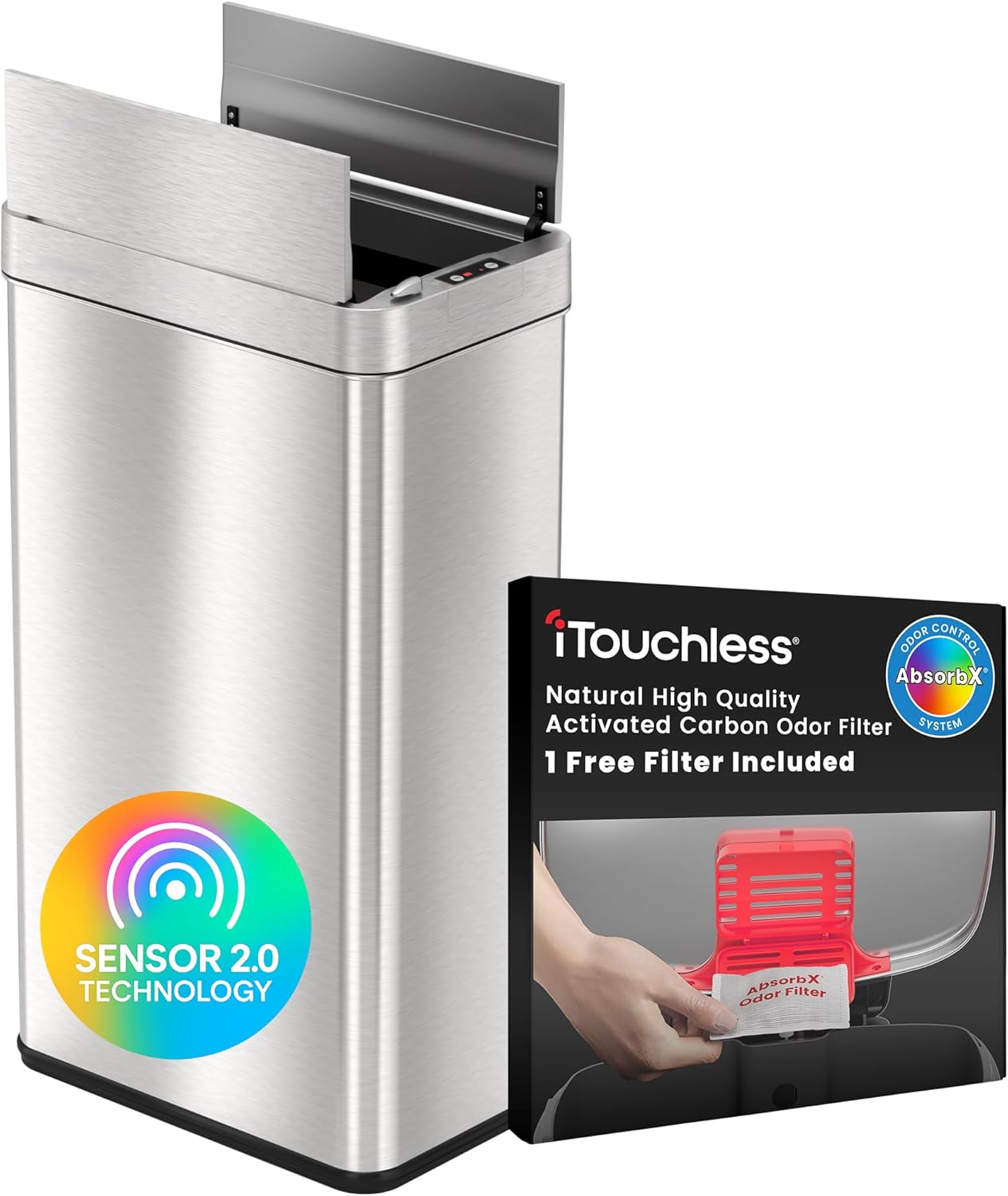 iTouchless 18 Gallon Sensor 2.0 Technology Wings Open Sensor Kitchen Trash Can with AbsorbX Odor Filter and Dog-Proof Lid Lock, Slim Stainless Steel Bin for Home Office Garage Business Store School
