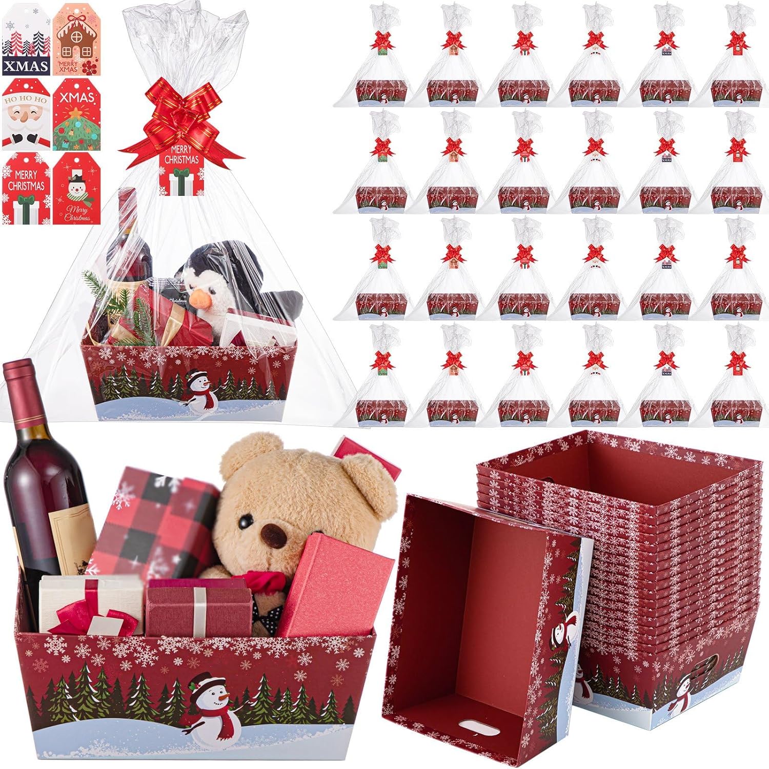 Cholemy 24 Sets 12 x 10 in Extra Large Christmas Basket for Gift Empty Red Snowman Gift Basket Kit Bulk Empty to Fill with Handles DIY Cardboard for Christmas Package Wrapping