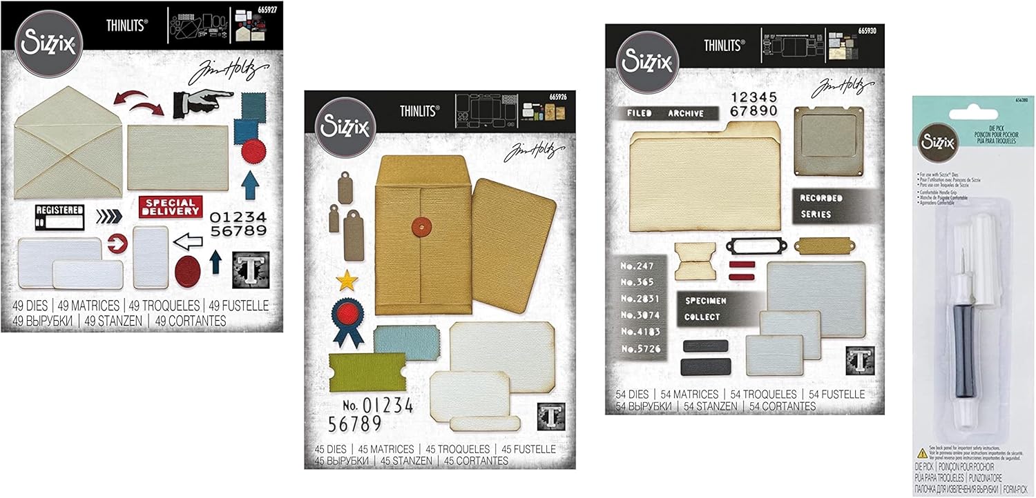 Tim Holtz Sizzix Thinlts, Collector, Postale, Specimen, 148 Total Dies (665926, 665927, 665930), Bundle of 3 Unique Die Sets. Plus 1 Sizzix Die Pick (656390)