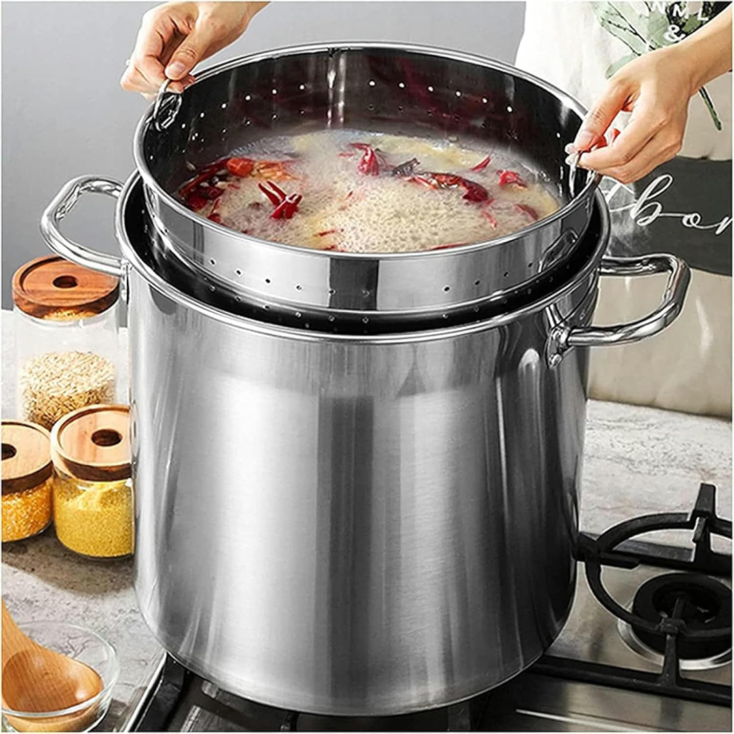 Stainless Steel Stockpot, Crawfish Seafood Stockpot with Strainer Basket, Pot Holders, Non-Stick Steamer Sheets for Boiling Seafood, Deep Frying,35x35cm(45x45cm)