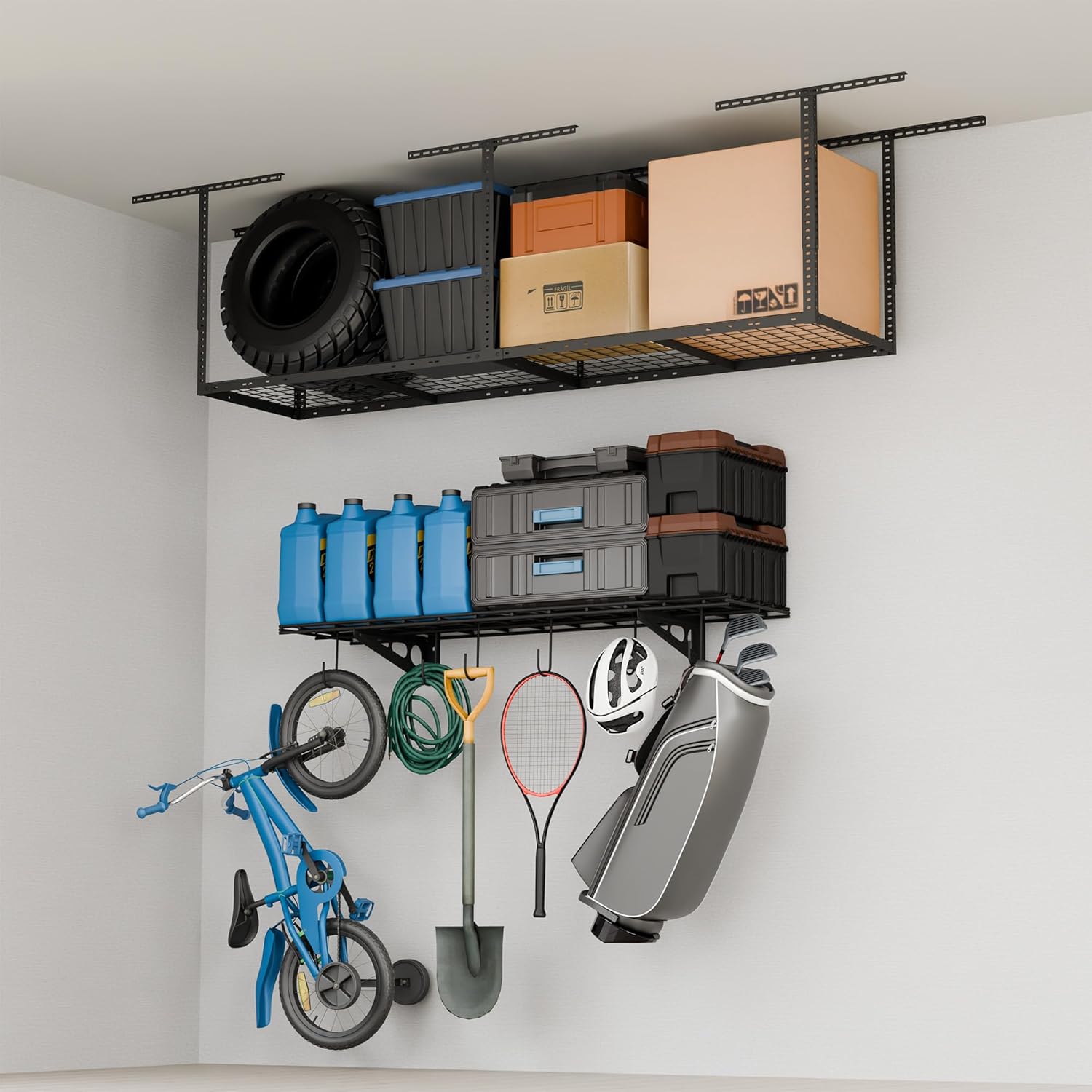 FLEXIMOUNTS Garage Storage Bundle – 1-Pack 1x4ft Wall Shelves with 6 Bike Hooks (300lbs Capacity) & 2x8 Adjustable Overhead Ceiling Rack (400lbs Capacity), Heavy-Duty Metal Garage Organization System,