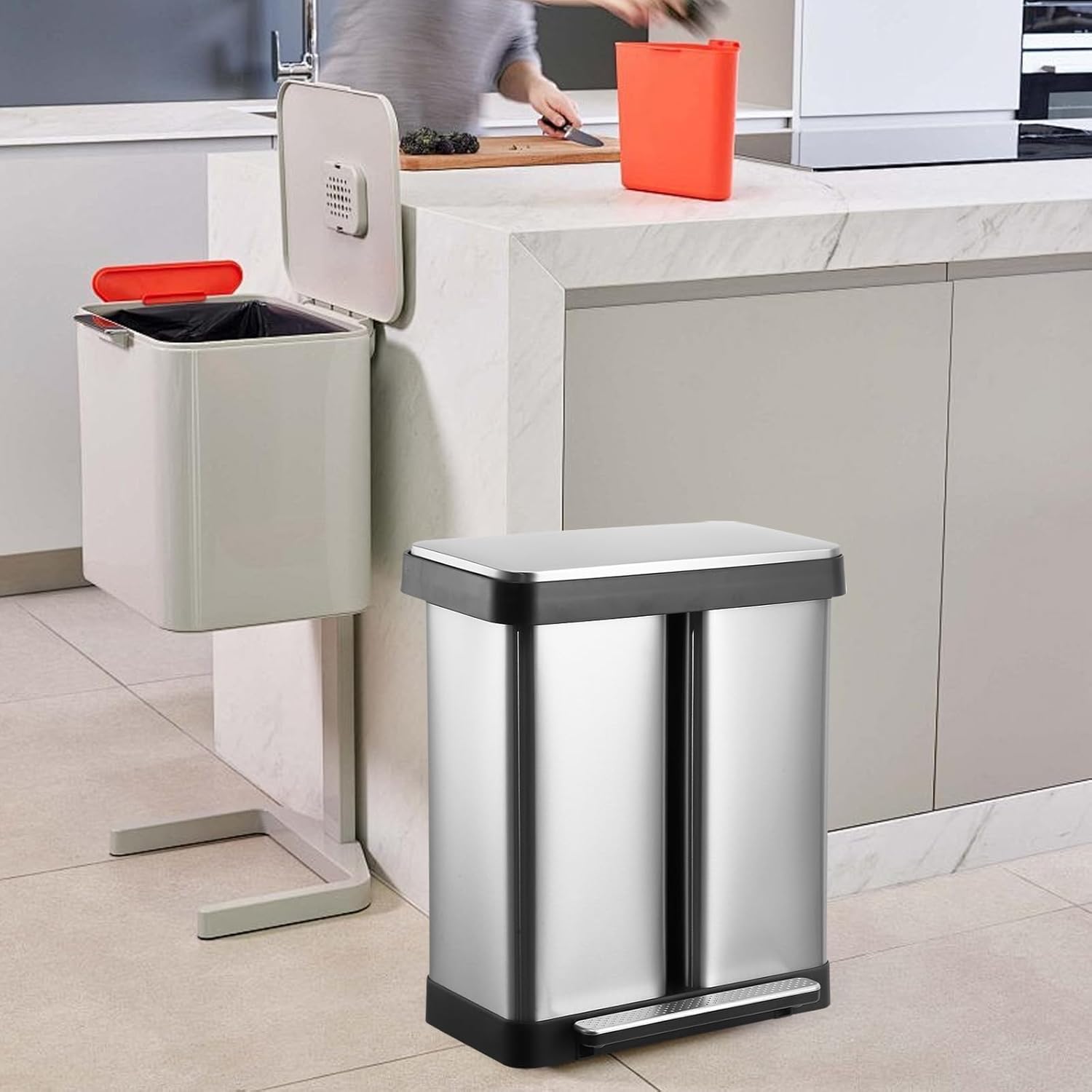 Dual Compartment Trash Can, 2 x 9.5 Gallon Stainless Steel Garbage Can, Kitchen Recycling Bins with Soft-Close Lid and Foot Pedal for Home Restaurant Office, No Inner Buckets Needed, Silver
