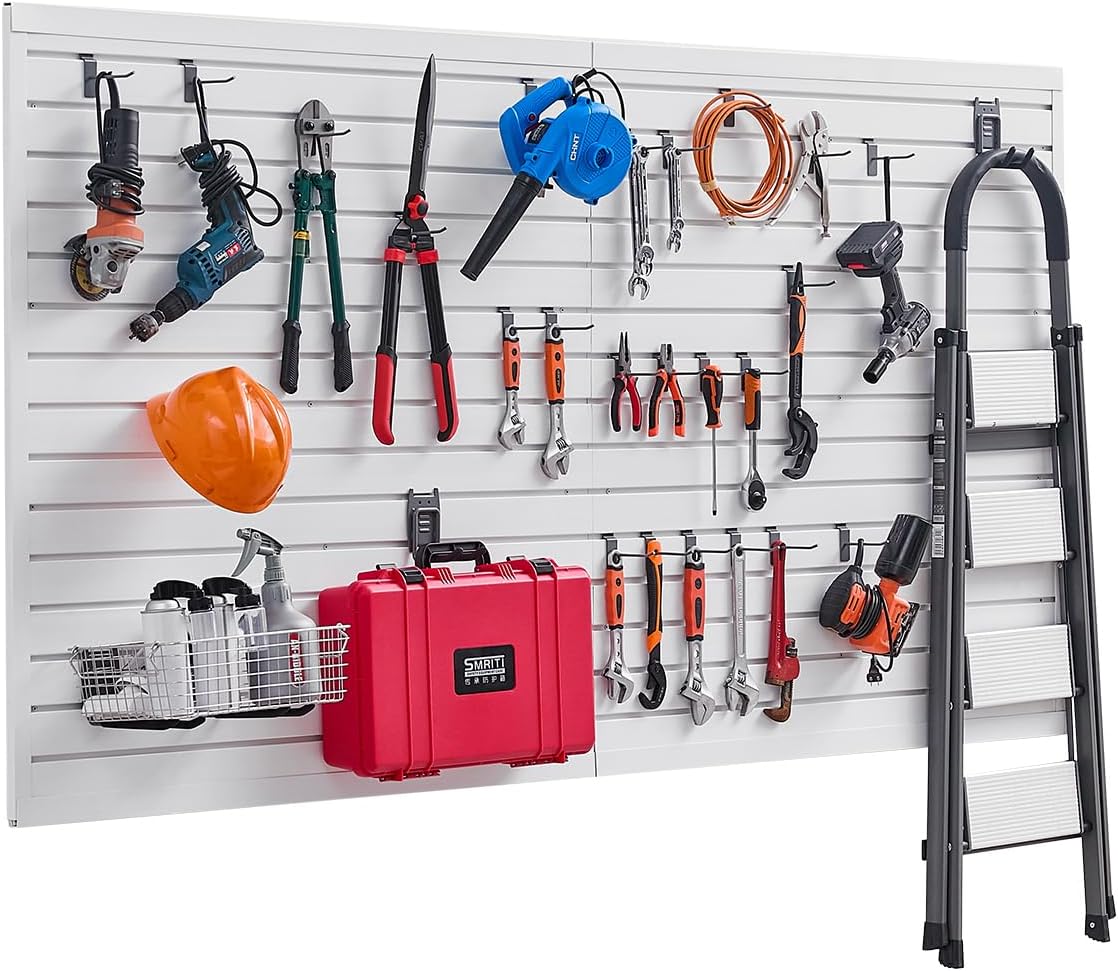 VEVOR Slat Wall Paneling, 8 x 4 ft, PVC Garage Slatwall without Accessories, White Slat Wall Easy-to-Install Adjustable Slatwall Panel with Coupling Structure & DIY Cutting, Fits for Storage & Display